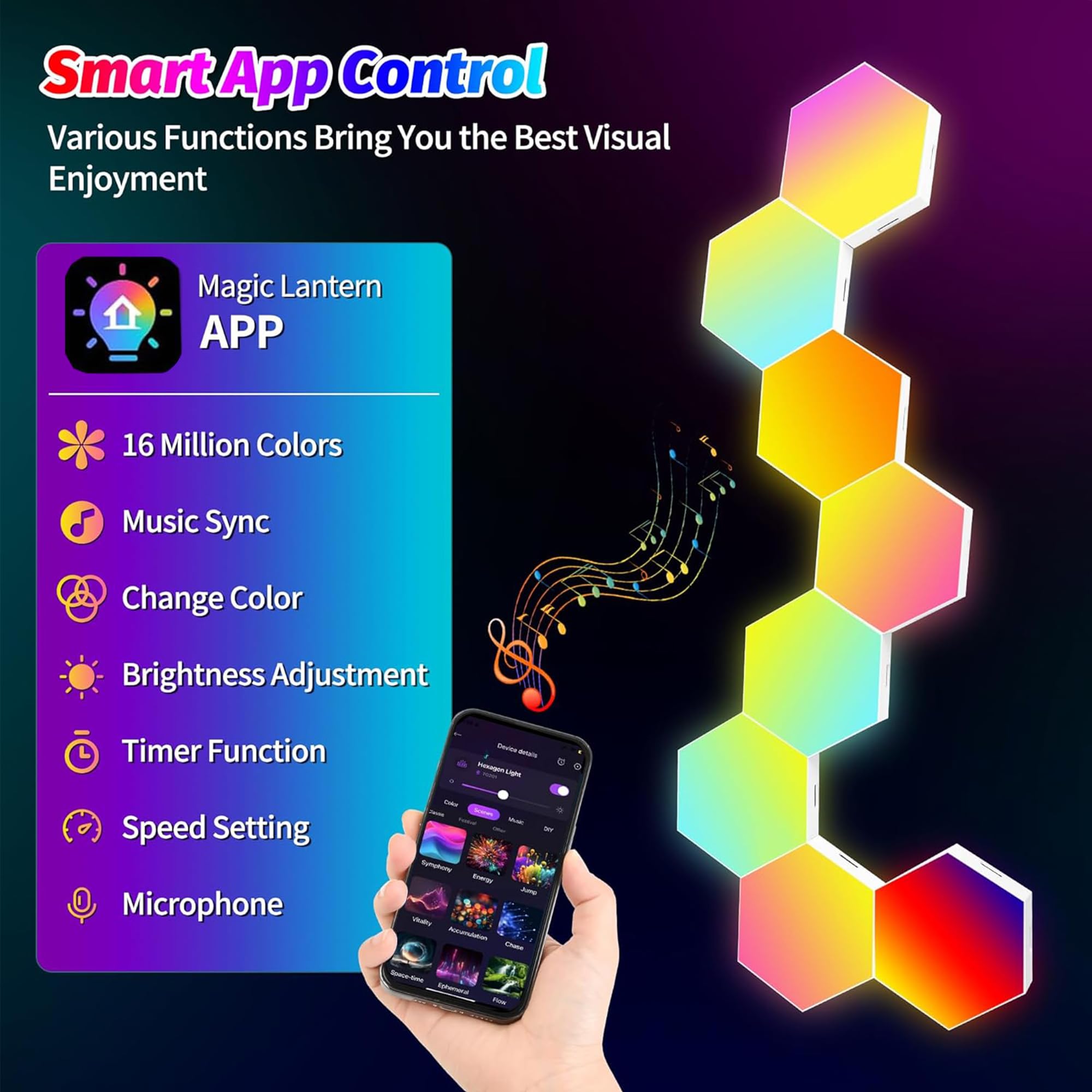 8 Pack DIY Hexagon LED Lights - Music Sync RGB Smart Wall Lights with APP Control for Gaming Room, Bedroom & Living Room Decor - Perfect for Parties, Home Theater & Ambient Lighting