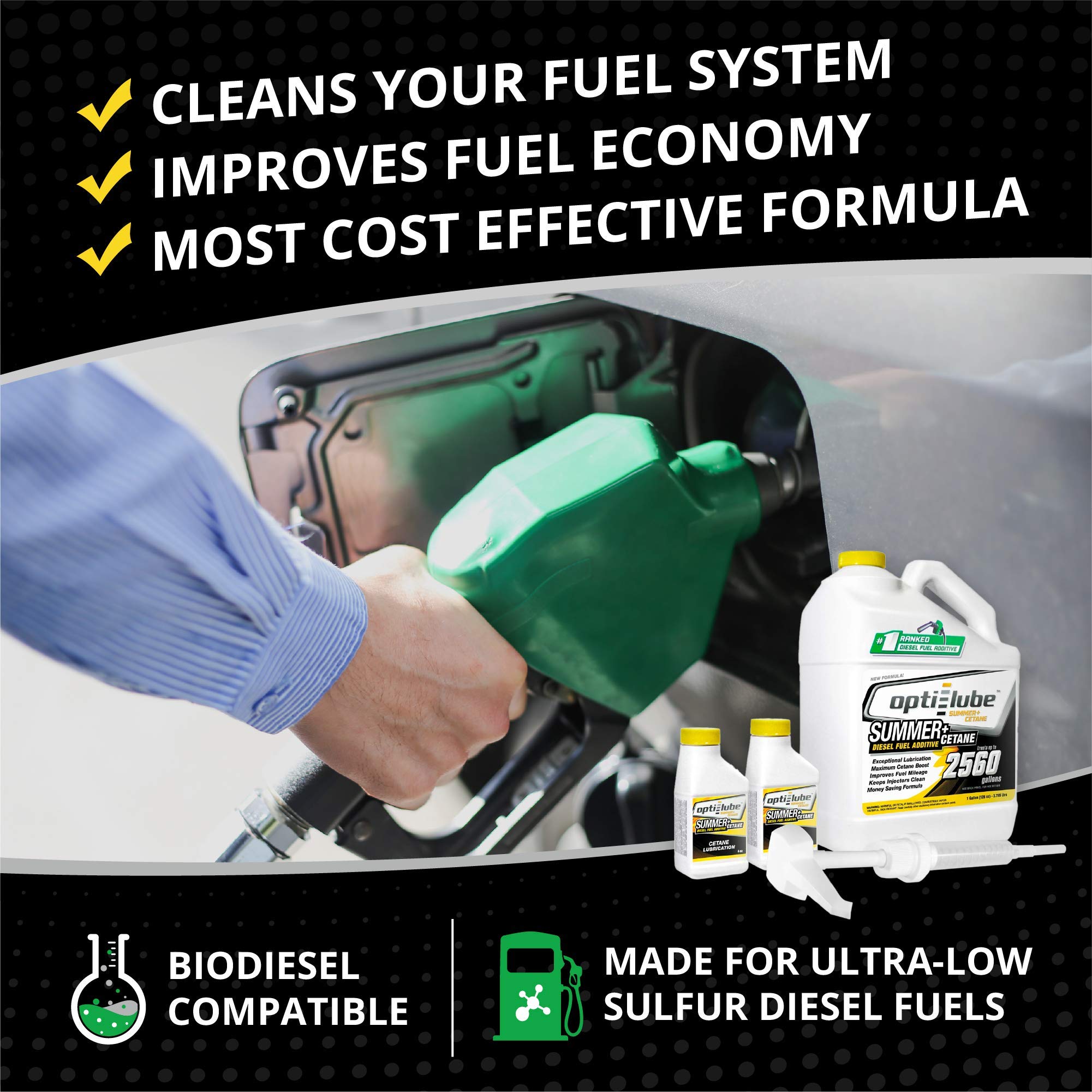 Opti-Lube Summer+ Cetane Boost Diesel Fuel Additive - 1 Gallon Bottle with Free HDPE Hand Pump & 2 Empty 4oz Bottles | Improves Engine Performance & Fuel Efficiency | Treats 2,560 Gallons | Ideal for Trucks, Heavy Equipment & Diesel Generators