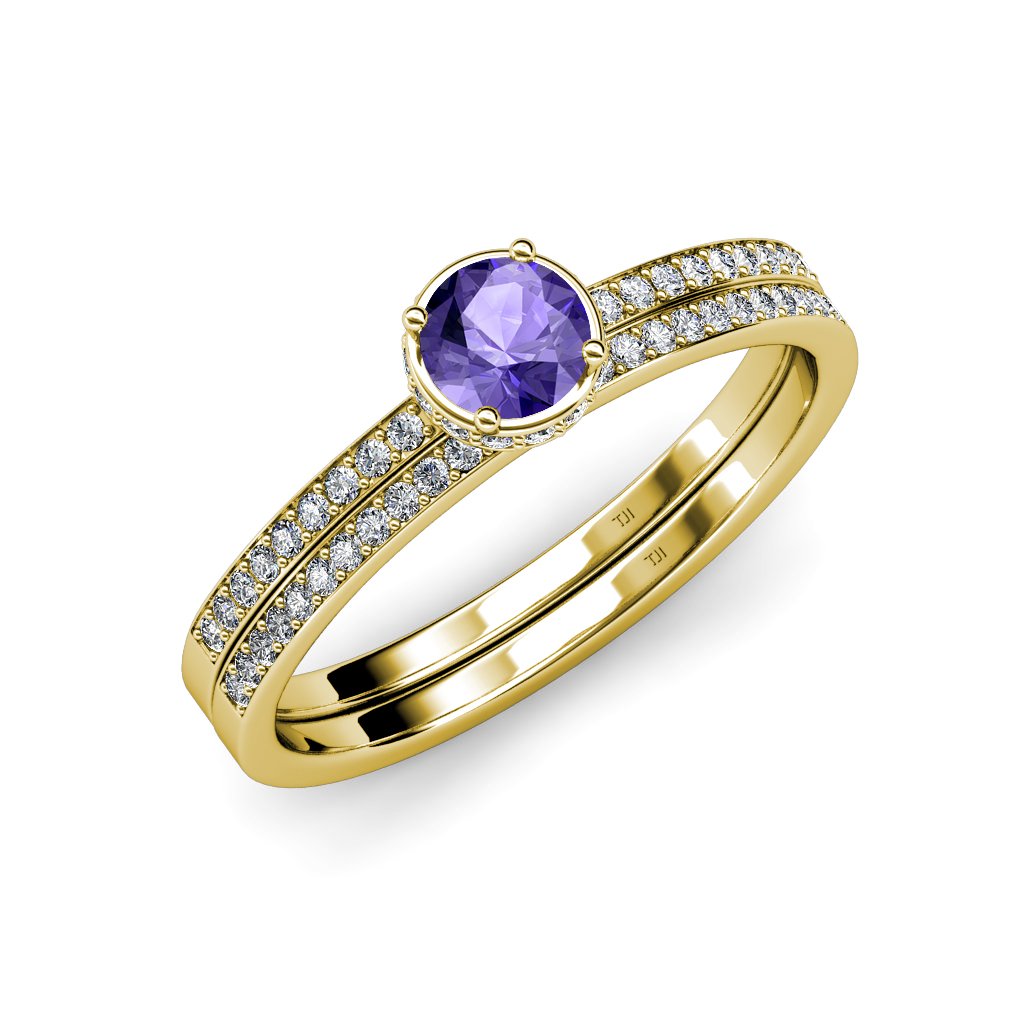 Iolite & Diamond Halo Engagement Ring & Wedding Band Set 0.90 ctw 14K Yellow Gold - Elegant Bridal Jewelry for Proposals & Weddings