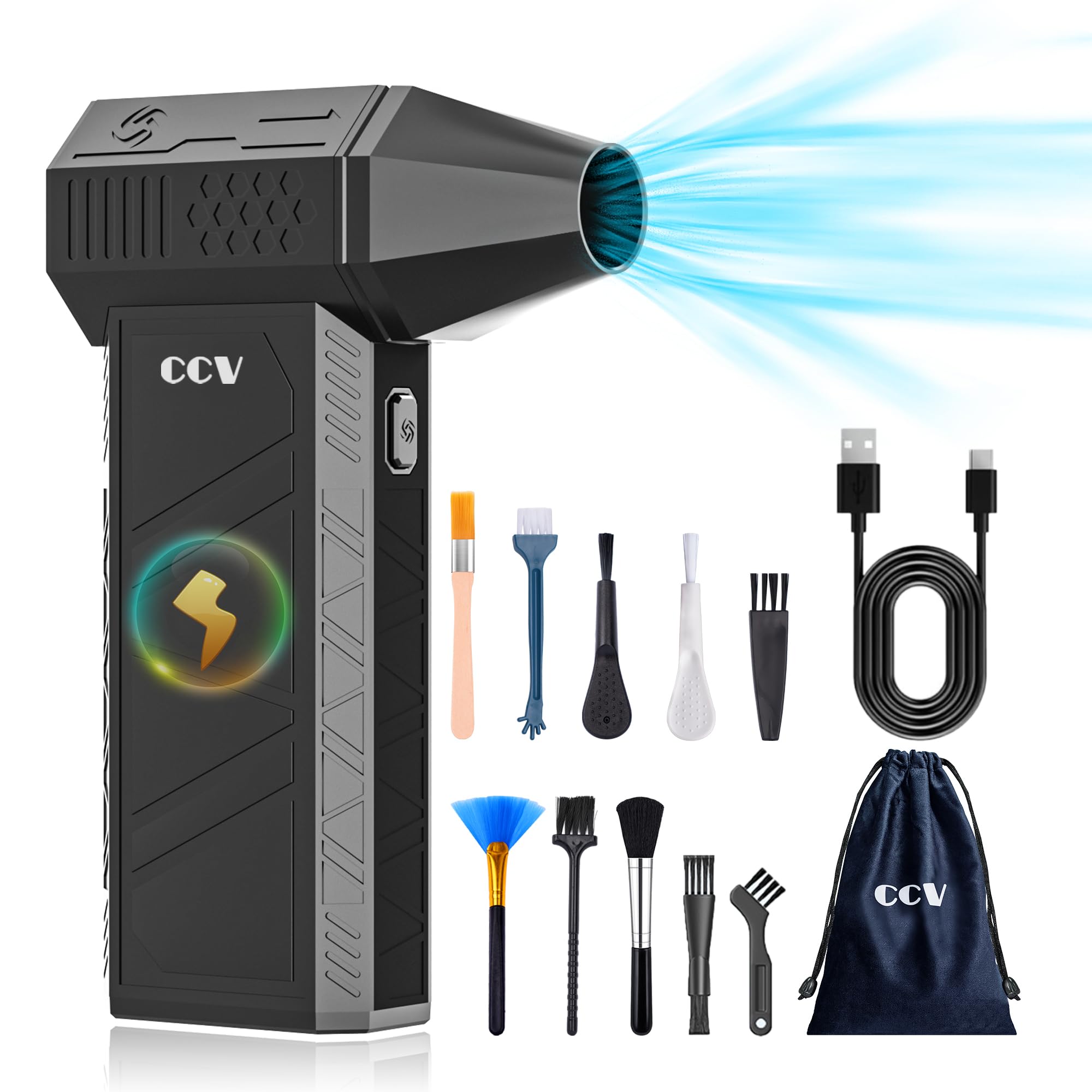 CCV 150,000 RPM Electric Air Duster - Rechargeable Cordless Keyboard & PC Cleaner with 3 Speed Settings | Powerful Jet Dry Blower for Car, Home, Electronics & Office Cleaning (F33-BLACK)