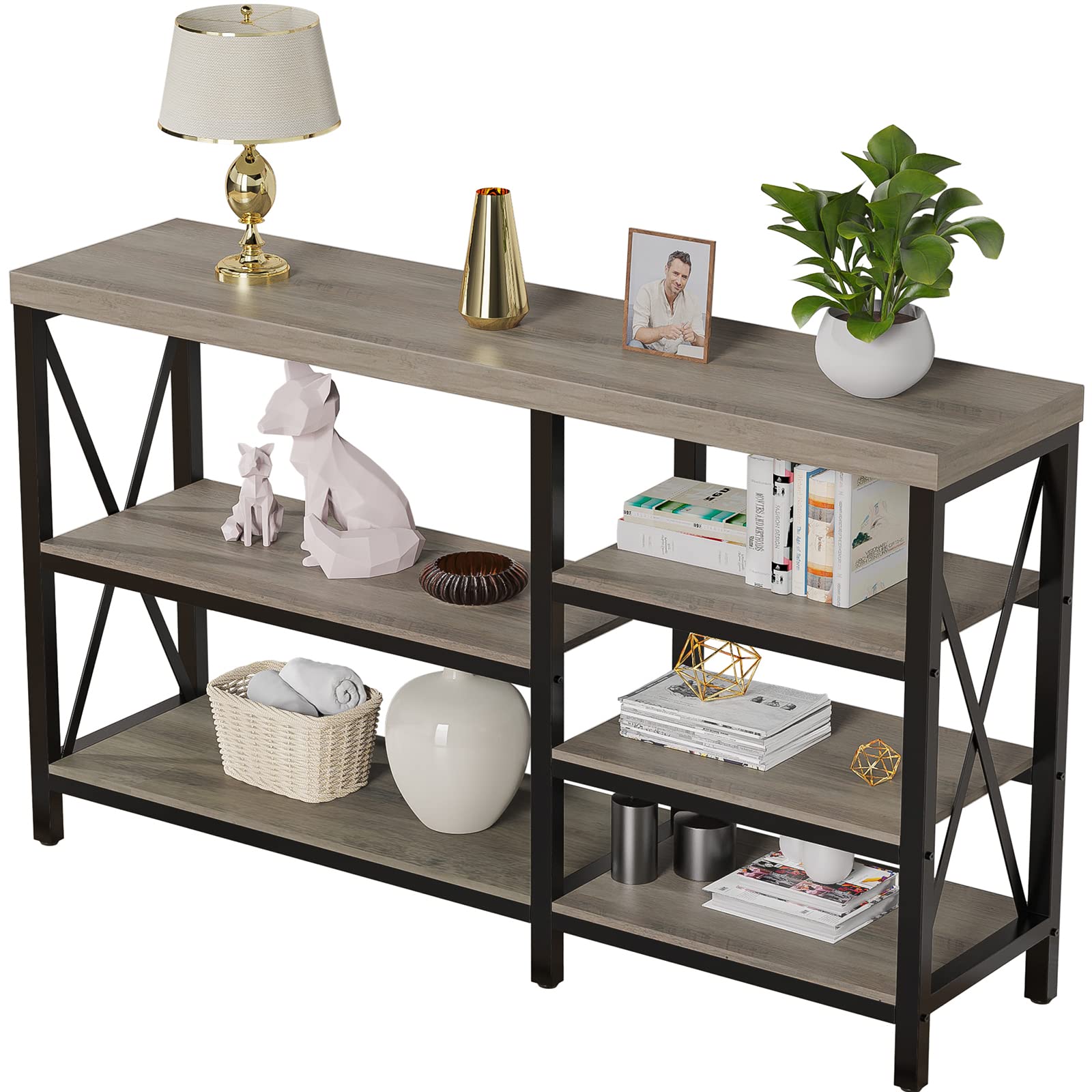 Farmhouse Console Table with 4-Tier Storage Shelves - 40 Inch Entryway Sofa Table in Grey Wash for Living Room, Hallway & Home Decor | Perfect for Small Spaces & Apartment Entryways