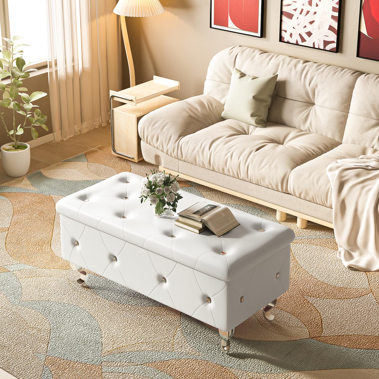 DKLGG Leather Storage Ottoman Bench with Seating - Upholstered Bedroom, Living Room & Entryway Furniture - White - Perfect for Extra Seating, Shoe Storage & Home Organization
