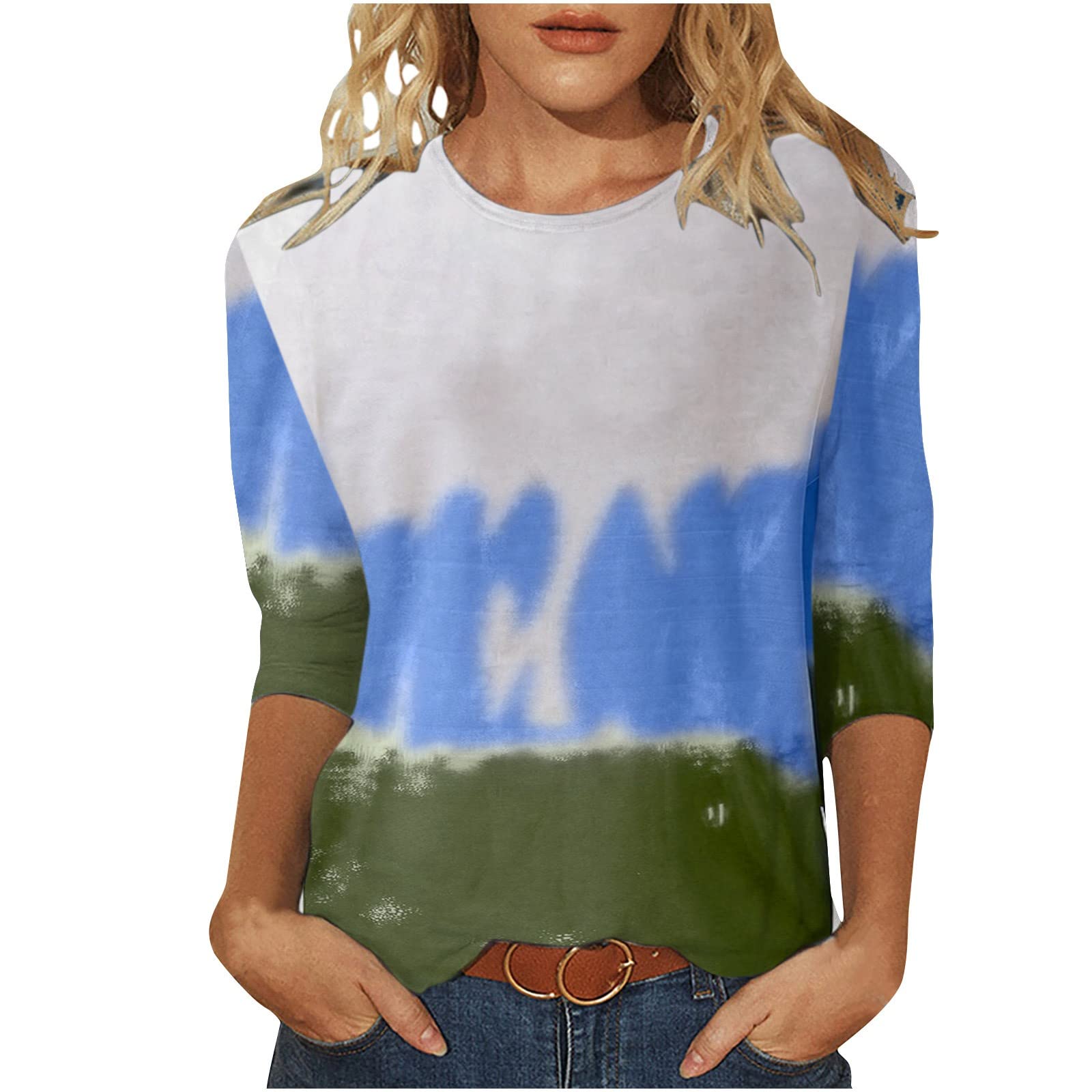 Trendy Women's Printed 3/4 Sleeve Round Neck Casual T-Shirt Blouse - Fashionable Mid-Length Top for Daily Wear, Dating & Office Outfits