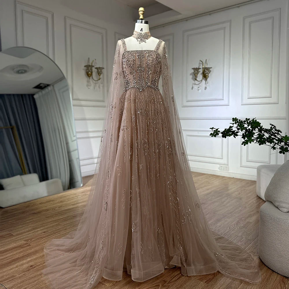 Luxury Dubai Arabic Nude A-Line Cape Sleeve Crystal Beaded Evening Gown for Women - Saudi Formal Dress LA72764 | Wedding, Prom, Gala & Special Occasions
