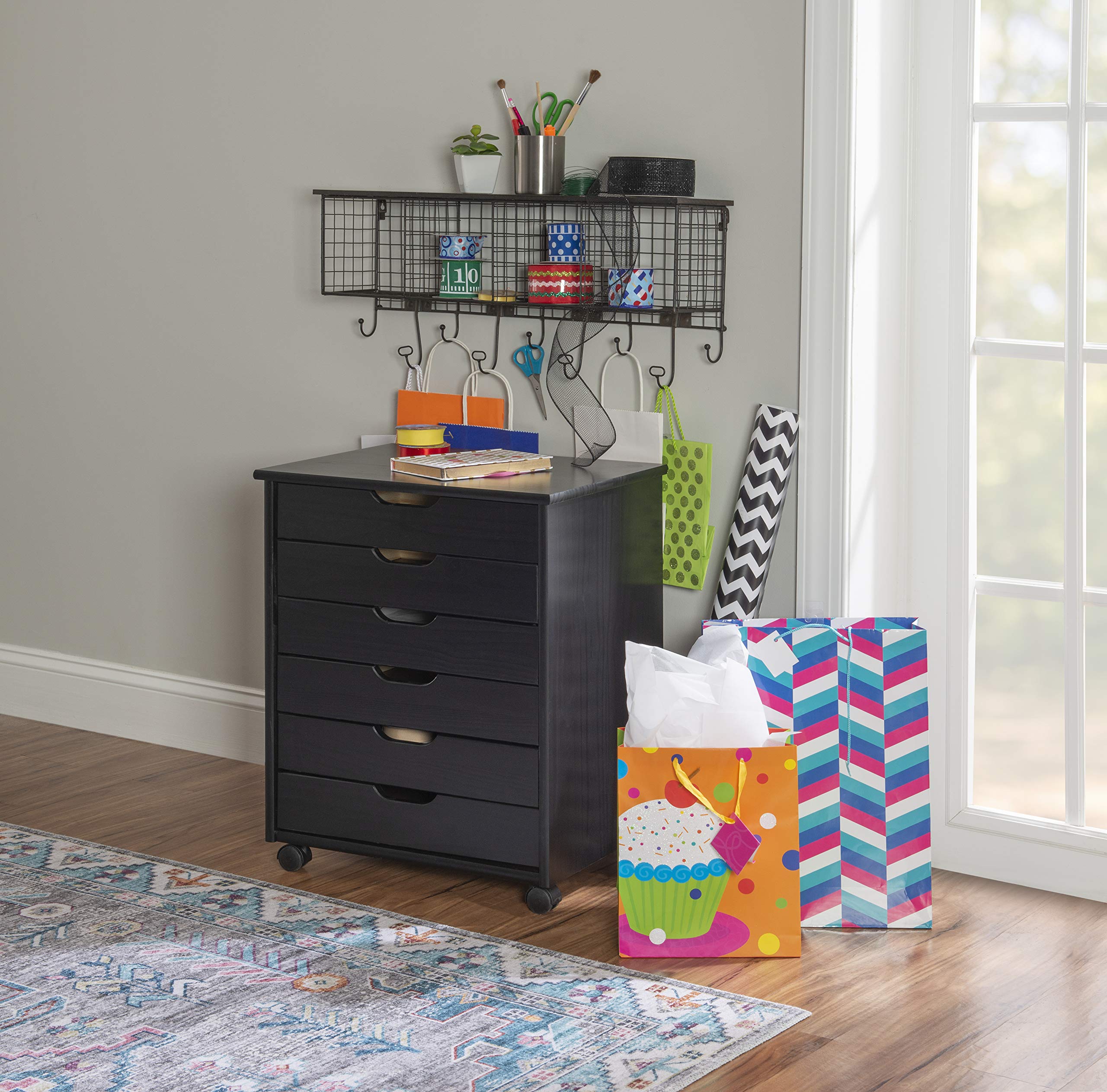 Linon Corinne Black 6-Drawer Wide Rolling Storage Cart - Perfect for Home, Office, and Craft Room Organization