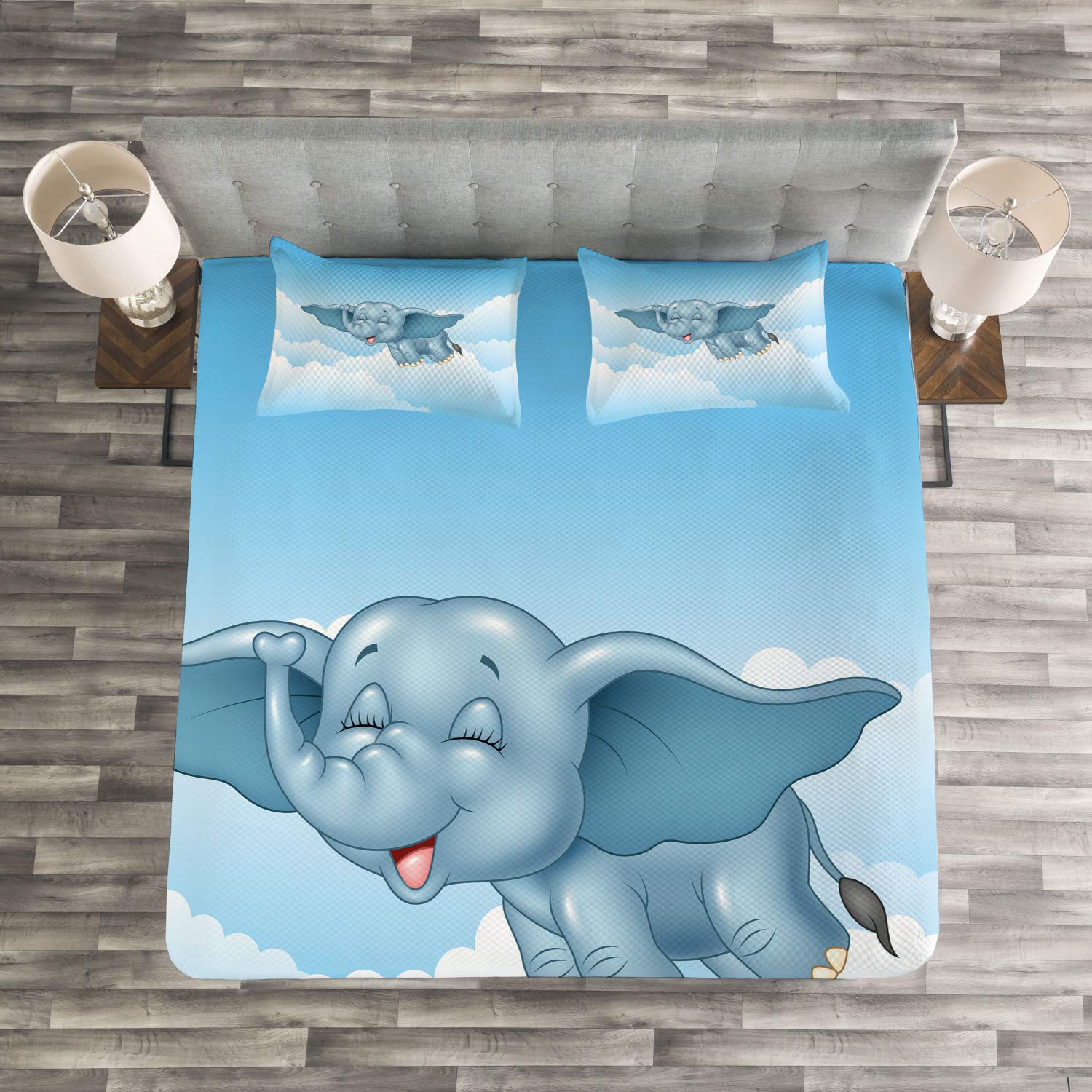 Ambesonne Animal Print Bedspread Set - Flying Clouds Comic Humor Design, 3-Piece Decorative Bedding with 2 Pillow Shams, King Size Pale Blue - Perfect for Kids' Rooms, Guest Bedrooms & Whimsical Home Decor