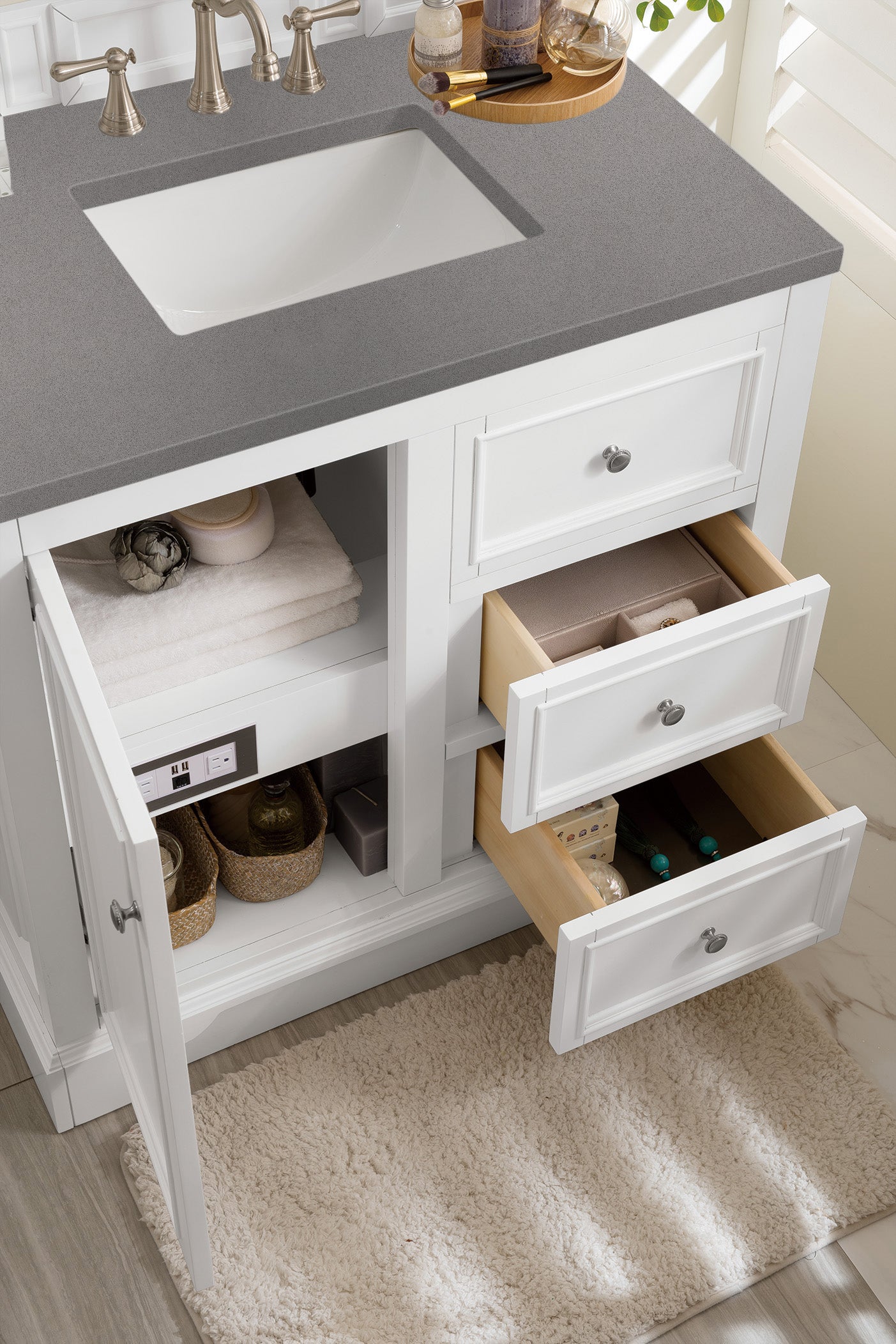 De Soto 36 Inch Single Bathroom Vanity Set with Bright White Finish & 3CM Grey Expo Quartz Countertop - Perfect for Modern Bathroom Remodeling and Small Space Design