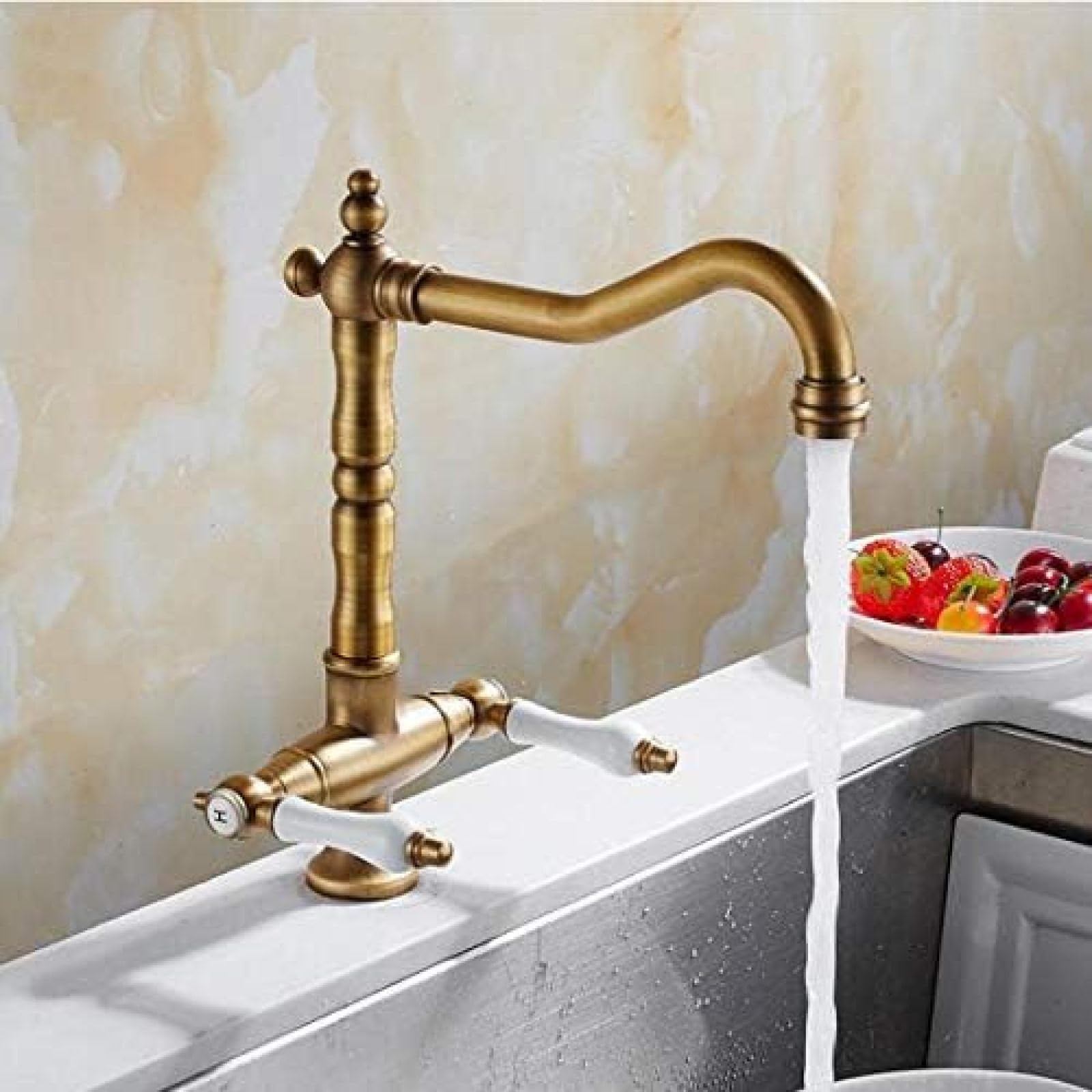 CRJUS 360 Degree Swivel Gold Brass Kitchen Faucet - Single Hole Mixer Tap for Bathroom & Sink with Hot/Cold Water Control - Perfect for Modern Home, Restaurant, and RV Use