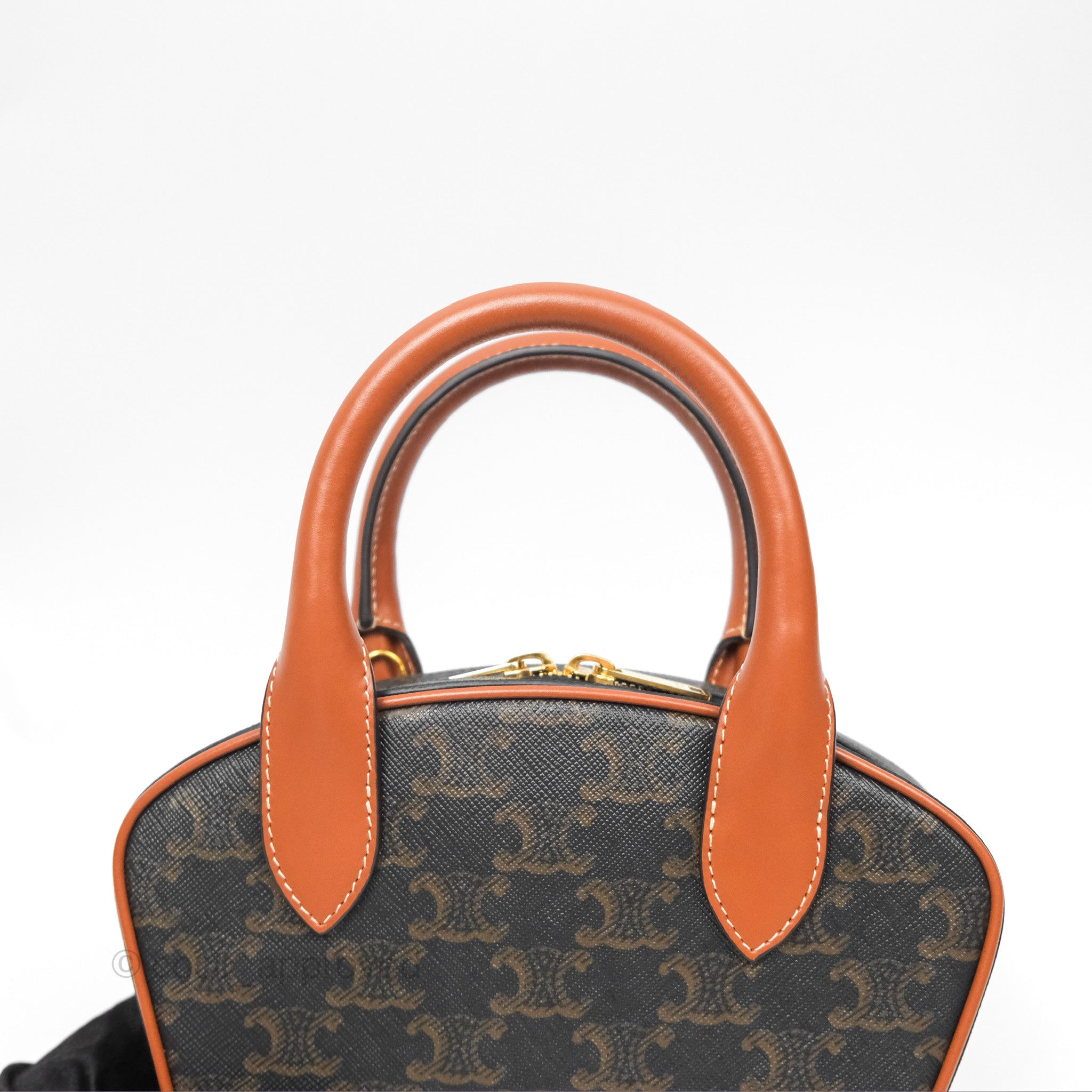 Celine Mini Bowling Bag in Triomphe Canvas & Tan Calfskin Leather - Stylish Crossbody Purse for Women, Perfect for Work, Travel & Everyday Use