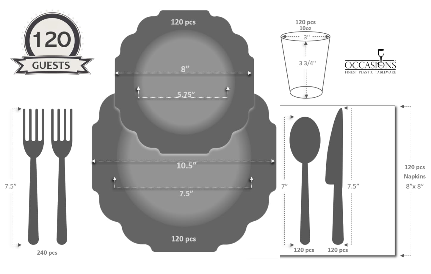960-Piece Heavyweight Disposable Plastic Plate Set for Weddings & Parties - 120 x 10.5'' Dinner Plates + 120 x 8'' Dessert Plates + Silverware + Cups + Napkins (White, Blue & Gold) - Perfect for Large Gatherings, Catering Events & Special Occasions