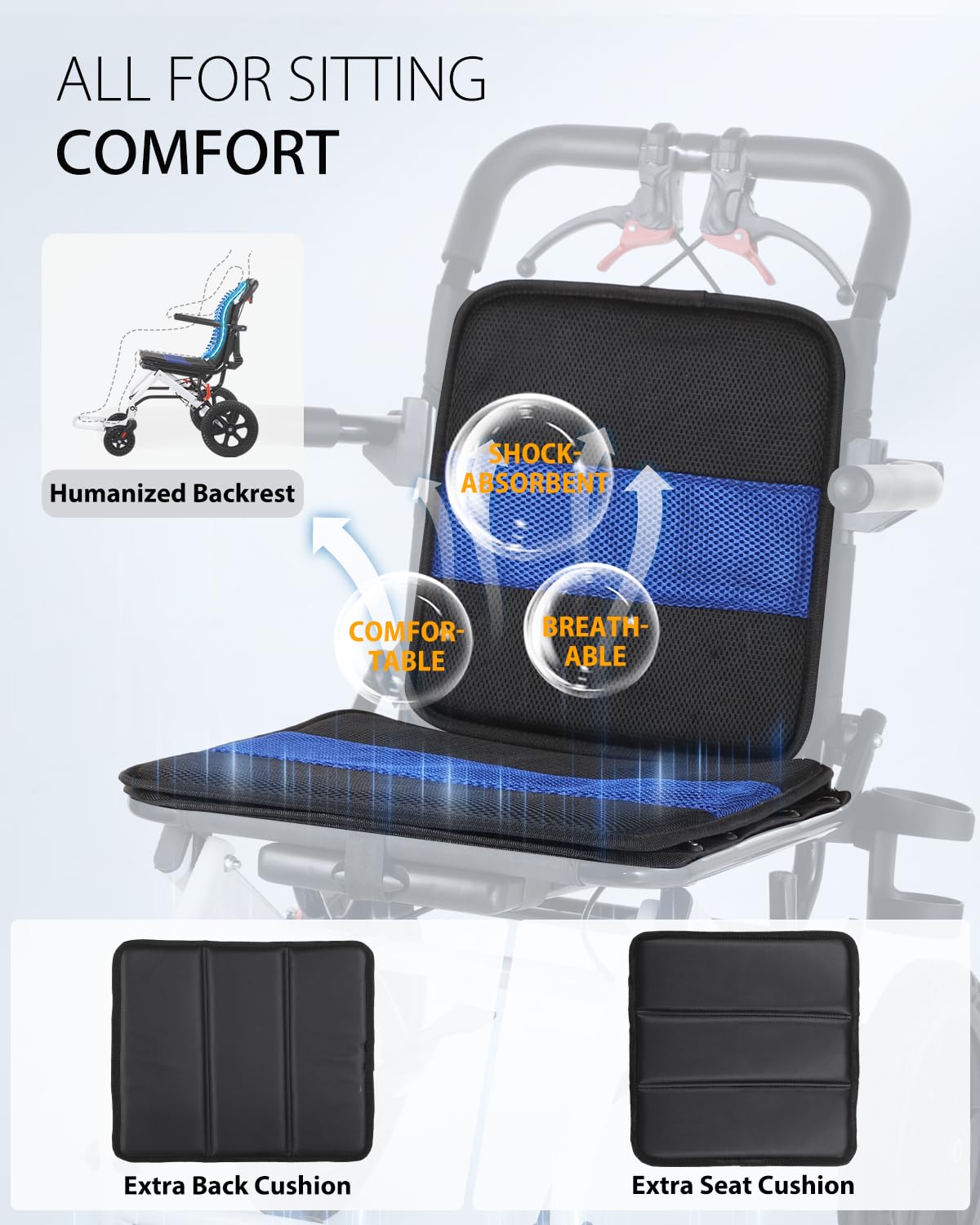 Lightweight Transport Wheelchair - Portable Folding Wheelchair with Extra-Wide Armrests & 10