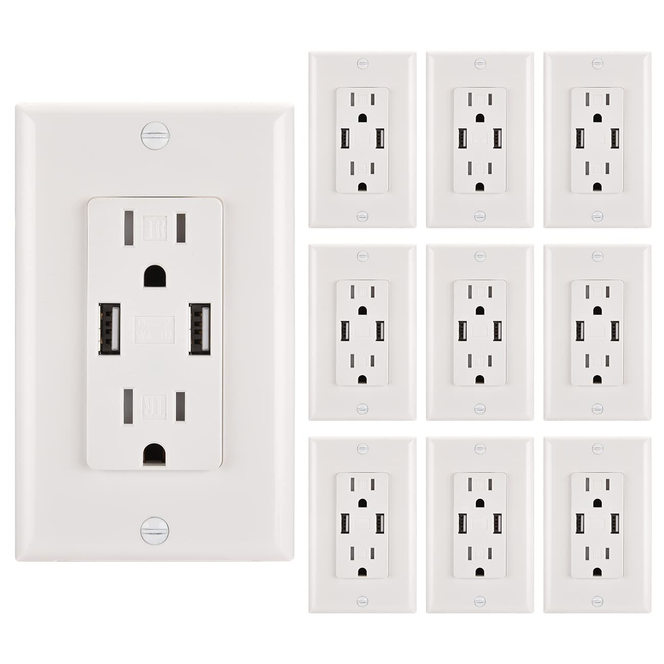 10-Pack White UL Listed USB Wall Outlet with 3.1A Fast Charging Ports & 15A Tamper-Resistant Duplex Receptacles - Perfect for Home, Office, and Hotel Charging Stations (Includes Wall Plates)