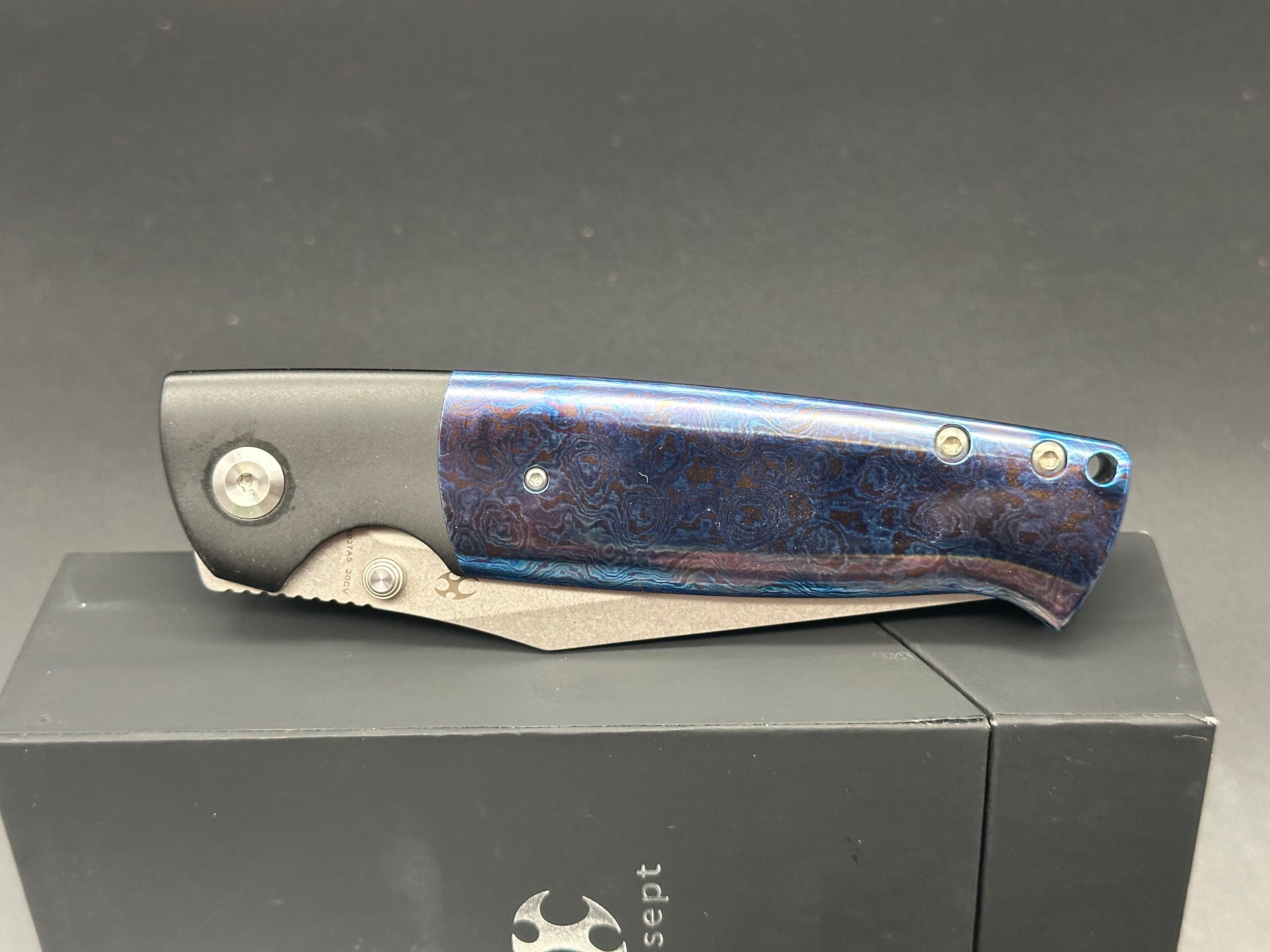 KANSEPT SHIKARI Folding Knife - Black Titanium & Timascus Handle, 20CV Steel Plain Edge (Model K1027A5) | EDC, Outdoor Survival, Camping & Everyday Carry