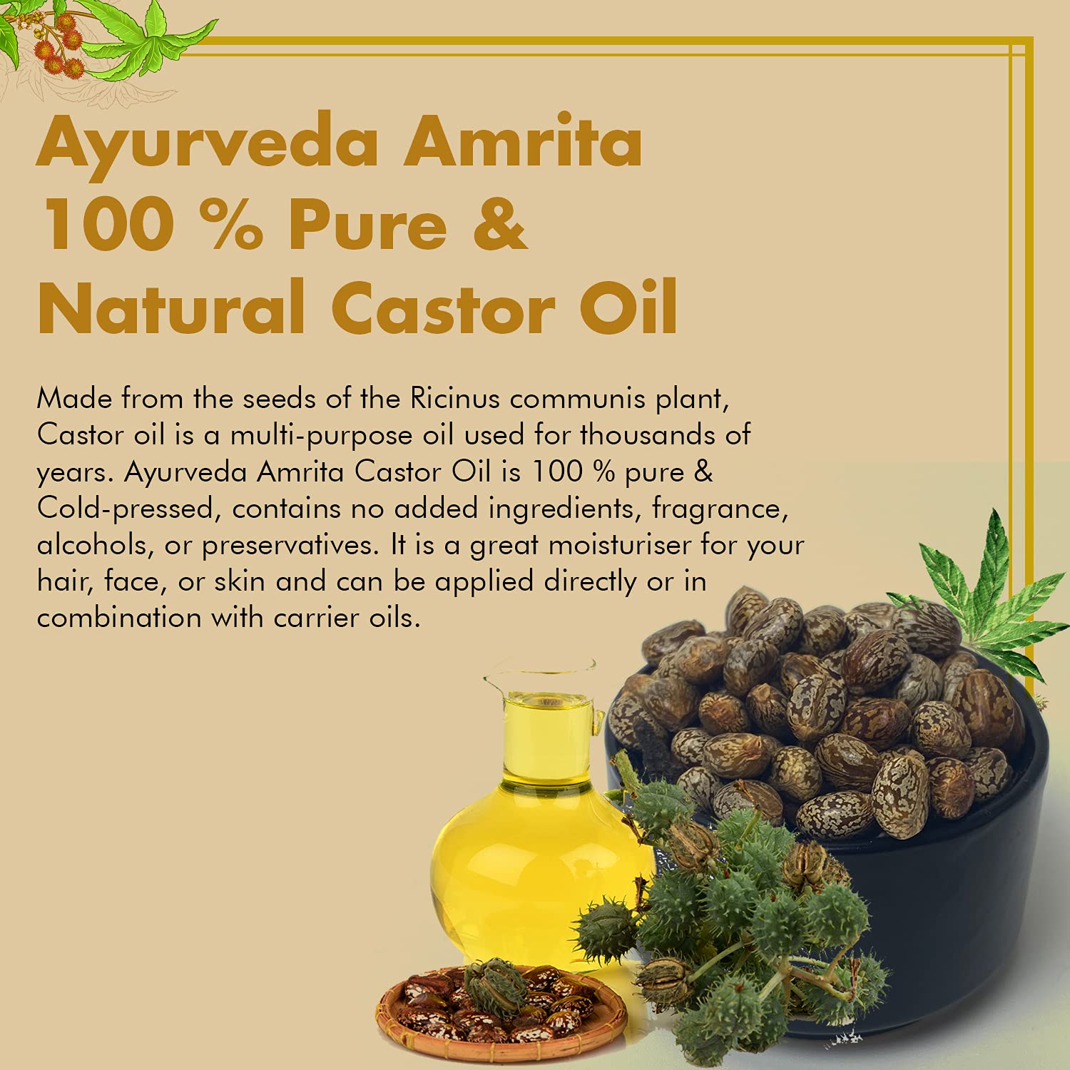 Pure & Natural Ayurveda Amrita Castor Oil for Hair Growth, Eyebrow & Beard Care - 100ml | Promotes Thicker Hair, Luscious Brows & Healthy Facial Hair | Perfect for Daily Hair & Skin Nourishment