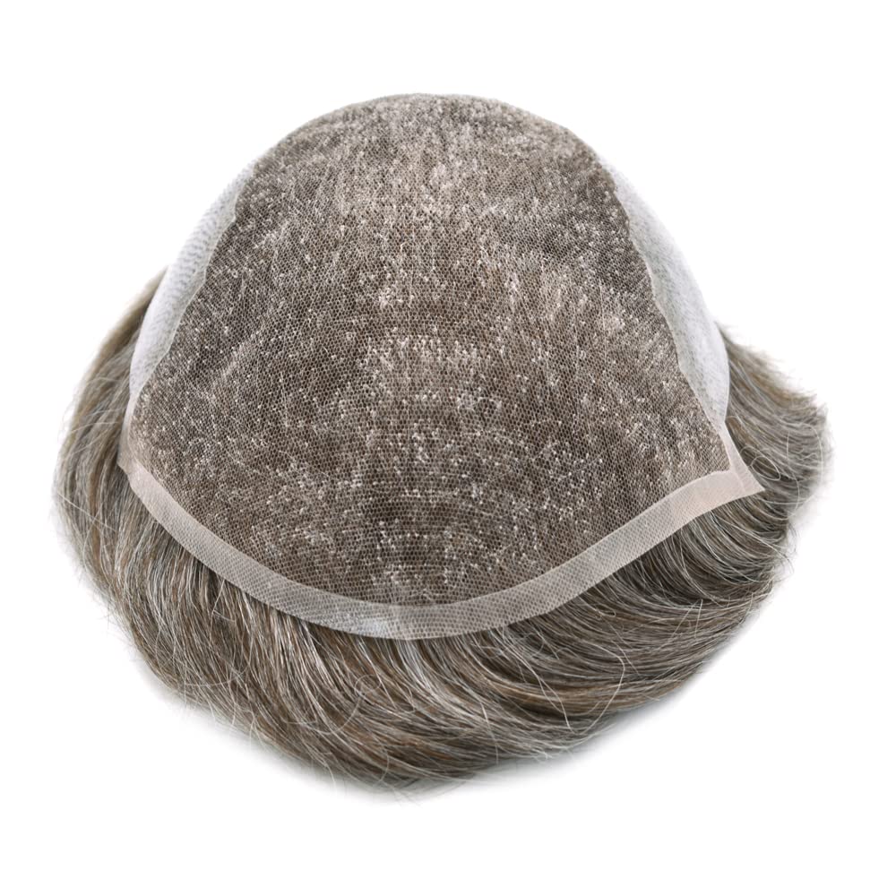 100% European Real Human Hair Swiss Lace Front Toupee for Men - Medium Brown with 50% Gray - 8x10 Inch - 100% Density - Bleached Knots - Natural Hair Replacement System for Thinning Hair & Baldness - Perfect for Daily Wear, Special Occasions & Confidence Boost