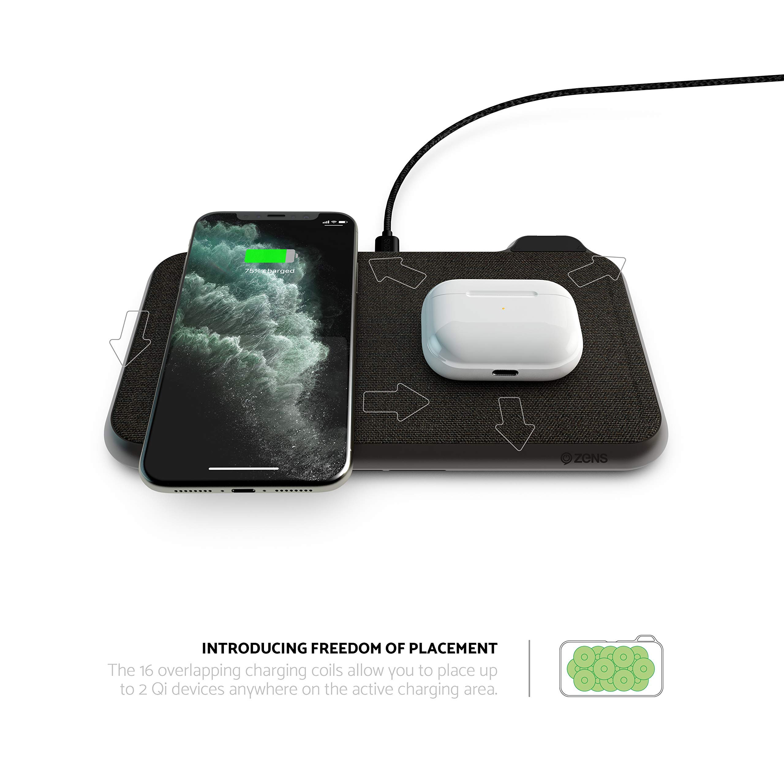 ZENS Liberty 16 Coil Dual Wireless Charging Pad - Fast 15W Charger for iPhone & Samsung - Fabric Surface Qi-Certified Charging Station for Multiple Devices - Perfect for Bedroom, Office & Travel Use