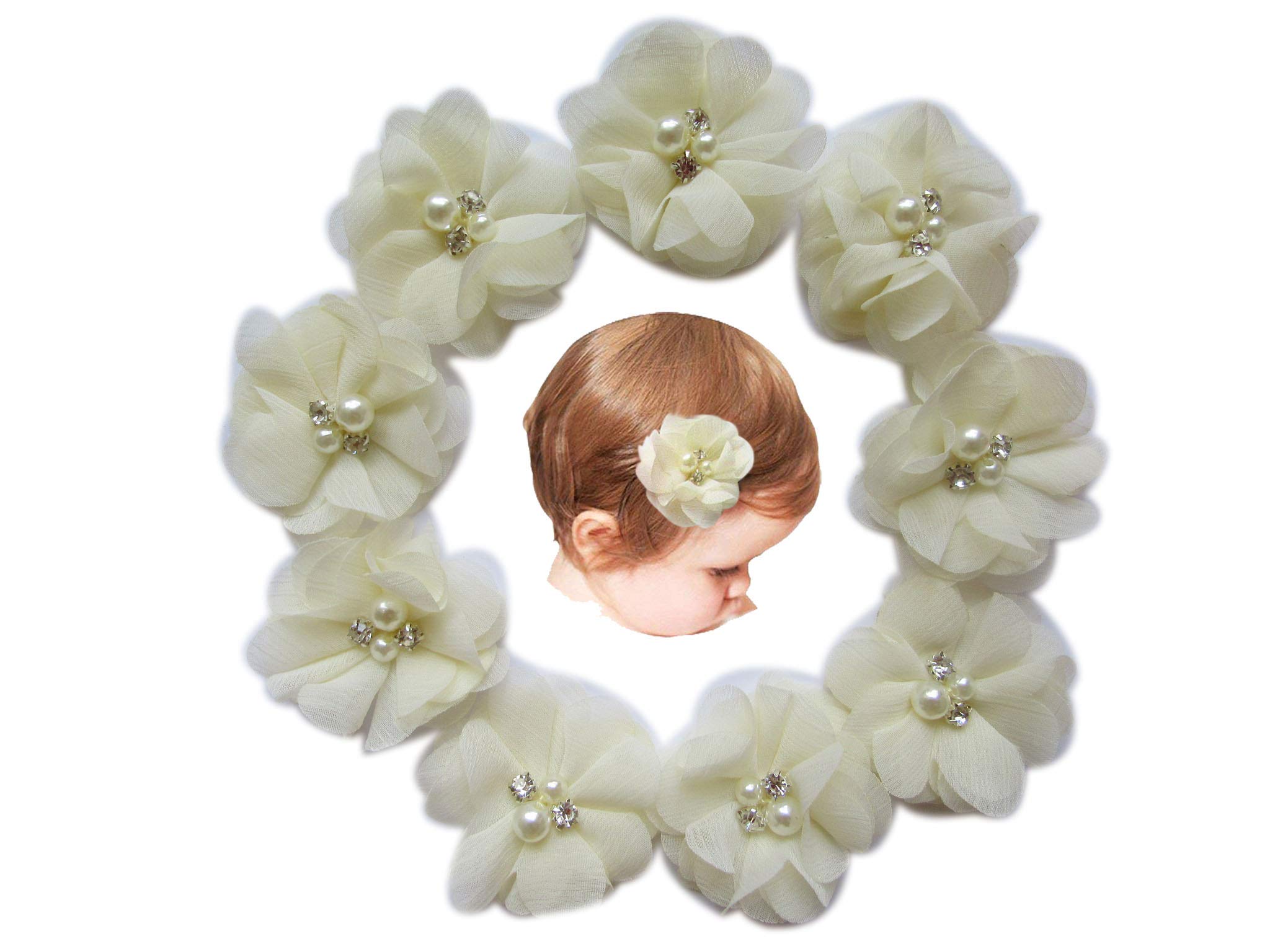 YYCRAFT 10pcs Baby Girls Hair Clips - Chiffon Flower with Rhinestones & Pearl Decorations, 2