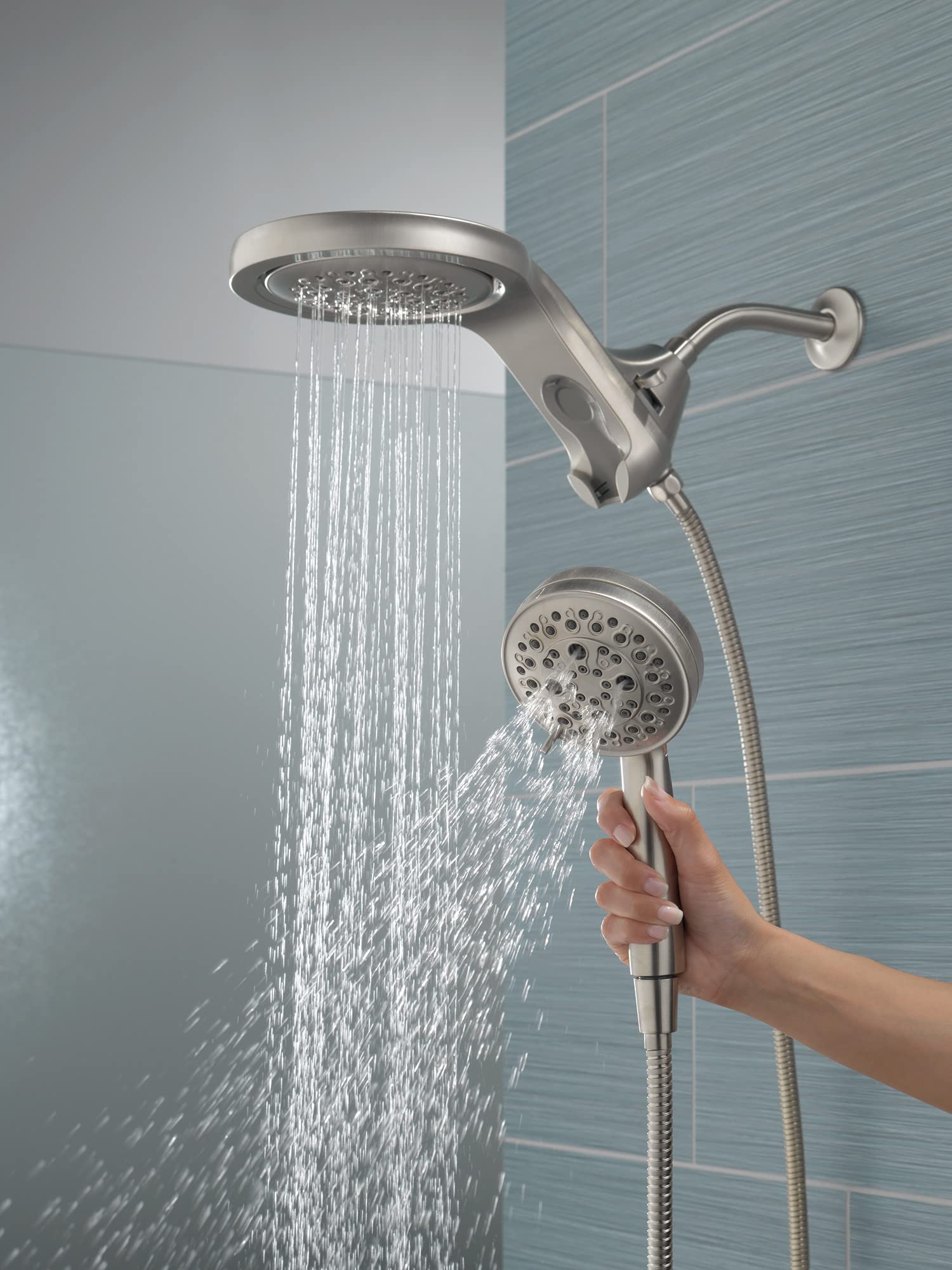 Delta Faucet HydroRain 5-Spray H2Okinetic Dual Shower Head with Handheld Spray - Brushed Nickel Shower Head with Hose, 2.5 GPM Flow Rate, Stainless Steel 58680-SS25 - Perfect for Bathroom Renovation & Spa-Like Shower Experience