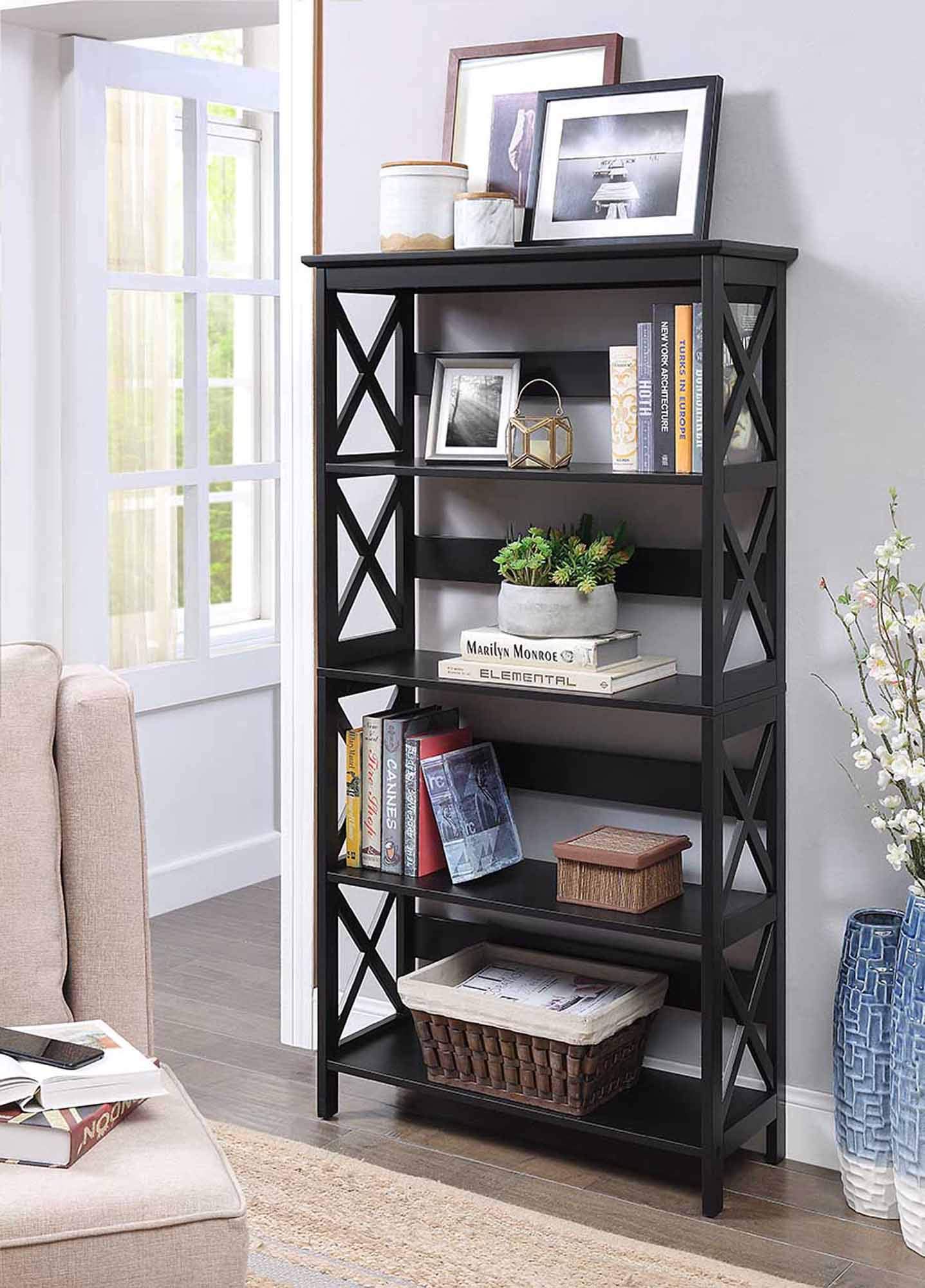 Oxford 5-Tier Bookcase by Convenience Concepts - Black Wooden Bookshelf for Living Room, Office & Bedroom Storage | Space-Saving Home Organization Solution