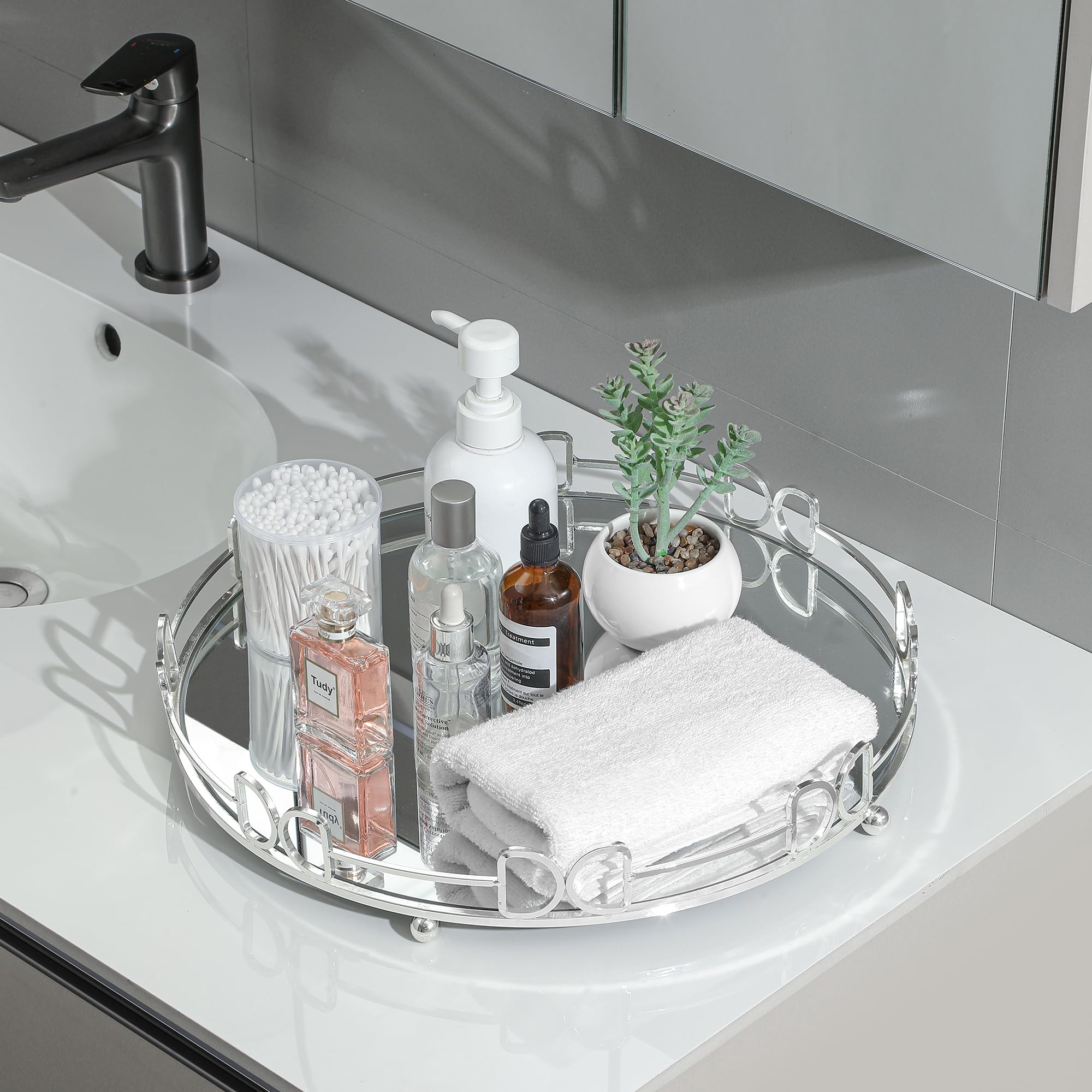 Extra Large Silver Glass Vanity Tray (15.75x15.75x2.52 Inches) - Elegant Perfume Organizer for Dresser, Jewelry Display & Bathroom Decor - Perfect for Vanity Table, Bedroom Decor & Gift Giving