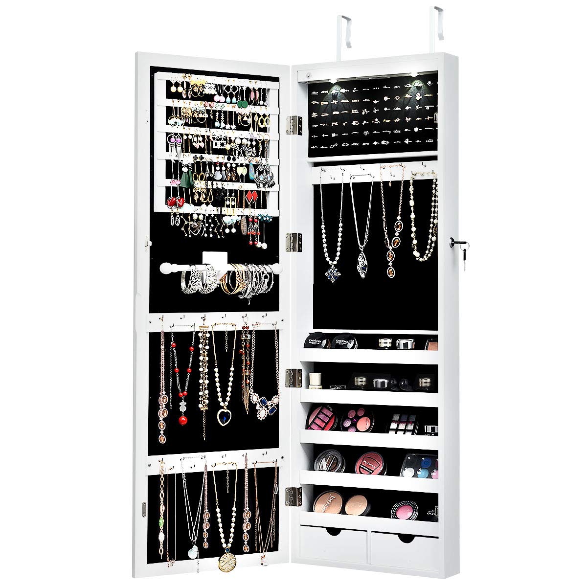Wall Mounted Jewelry Armoire with LED Lights & Full-Length Mirror - Lockable Jewelry Cabinet Organizer with Drawers for Necklaces, Rings & Makeup Storage - Perfect for Bedroom Closet, Dressing Room & Vanity (White)
