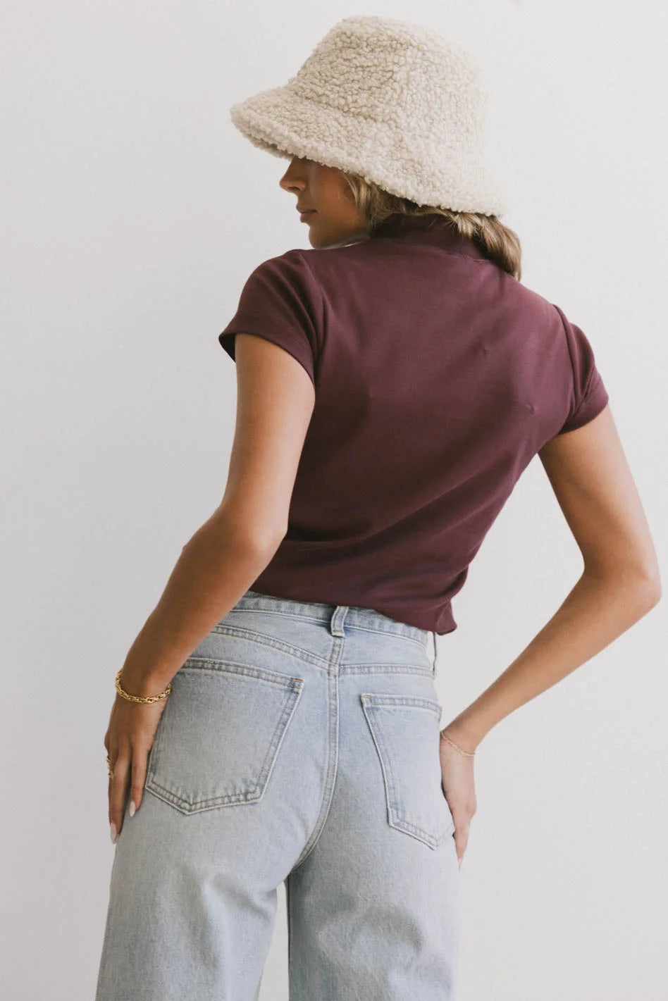 Marley Mock Neck Tee in Wine - Soft Cotton Women's T-Shirt for Casual Wear & Layering | Final Sale