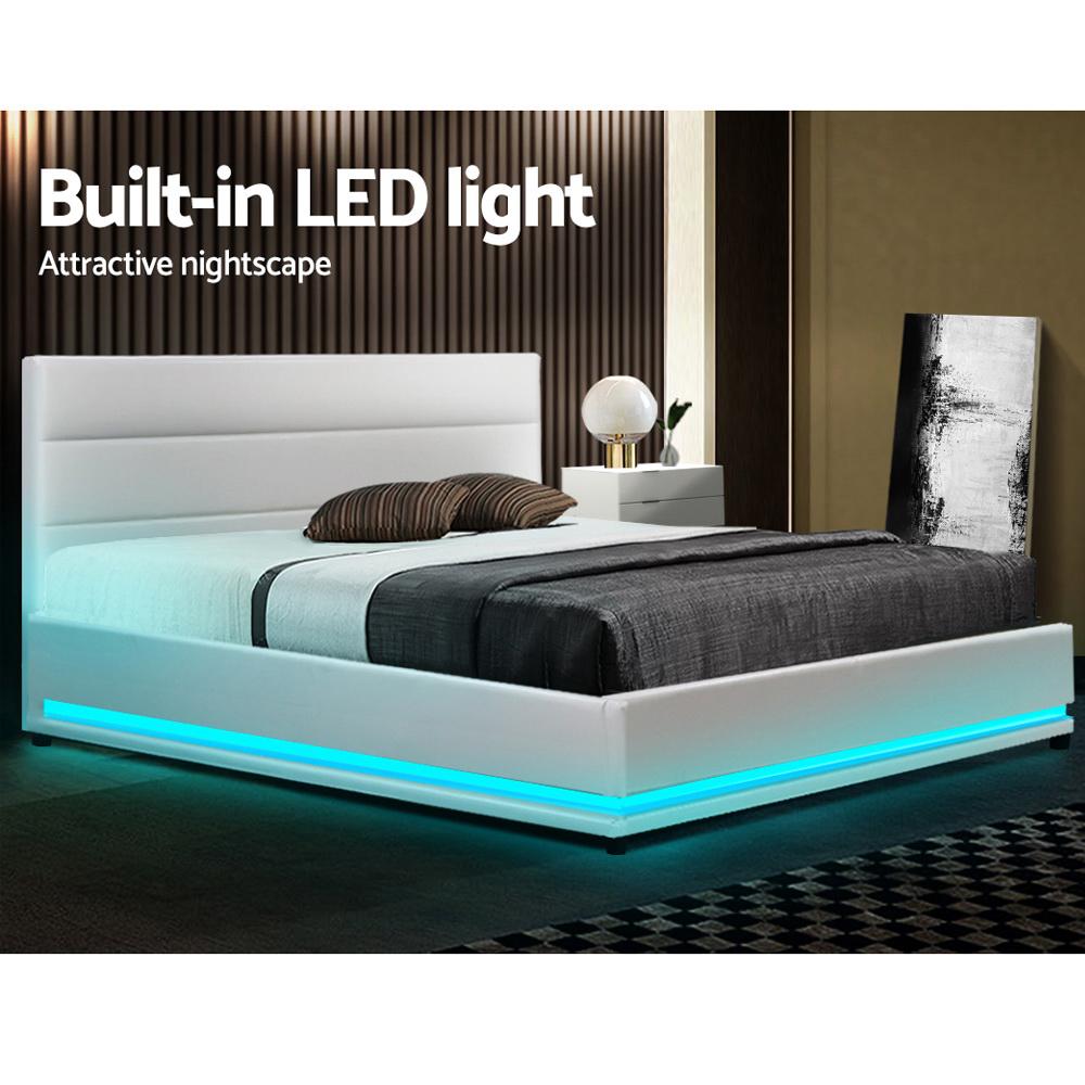 Premium Double Bed Set - Henley LED White Bed Frame with Algarve Euro Top Medium Firm Mattress & Pillowtop Topper | Perfect for Master Bedroom, Guest Room & Modern Home Decor