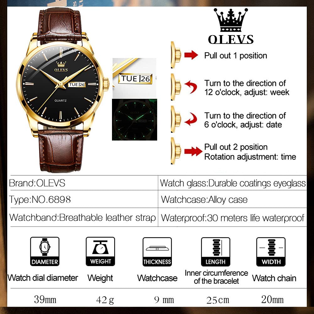 OLEVS Men's Brown Leather Watch - Rose Gold Quartz, Waterproof, Luminous for Daily Wear & Dress