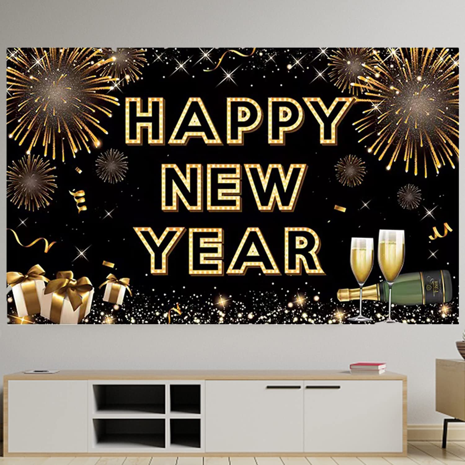 2025 Happy New Year Banner - Black & Gold New Year's Eve Party Decoration, Photo Backdrop & Celebration Supplies | Perfect for NYE Parties, Home Decor & Social Media Backgrounds