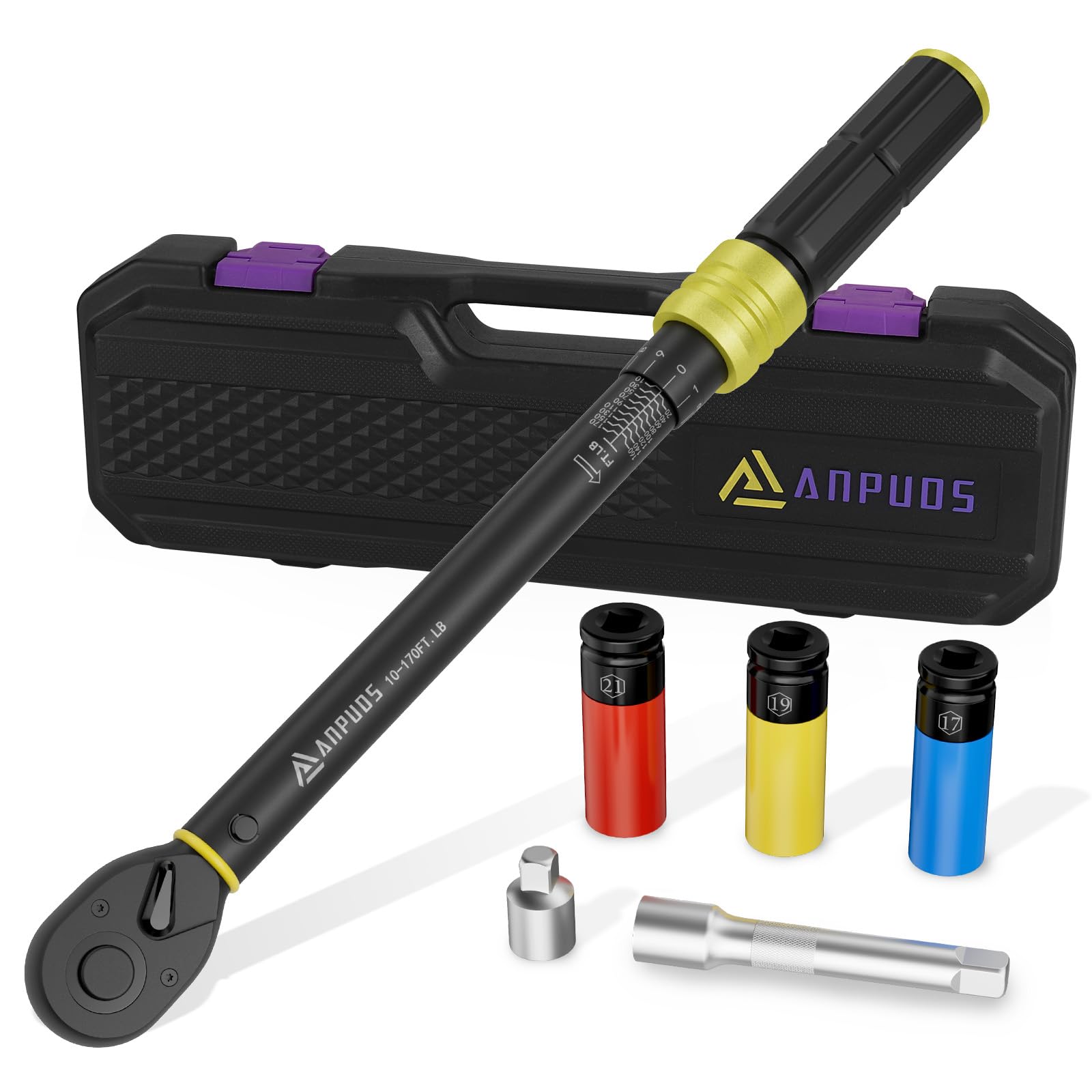 1/2-Inch Drive Click Torque Wrench Set 10-170 Ft-Lb/13.6-230.5 Nm with 17/19/21mm Sockets, 1/2