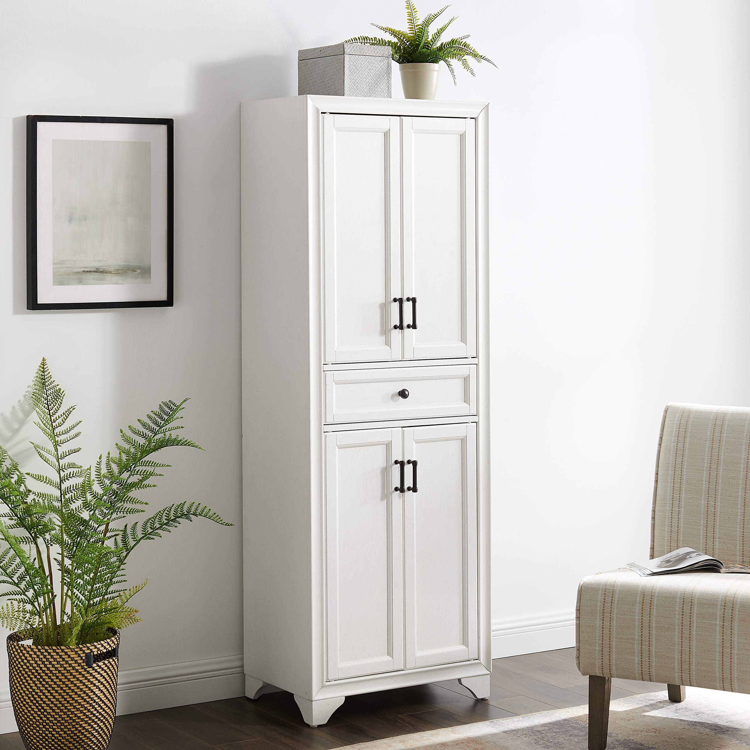 Crosley Furniture Tara Pantry Storage Cabinet with Adjustable Shelves - Distressed White Kitchen, Dining & Laundry Room Organizer - Perfect for Small Space Storage & Home Organization