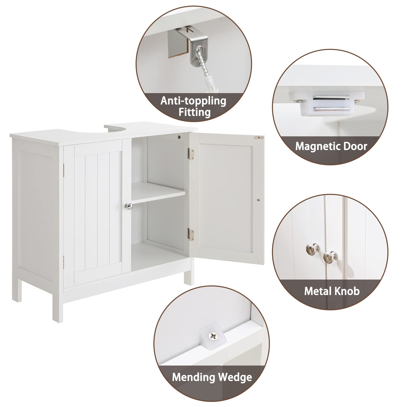 Iwell White U-Shaped Pedestal Sink Storage Cabinet with 2 Doors & Shelf - Under Sink Bathroom Organizer for Small Spaces, Vanity Storage Solution - Perfect for Bathroom, Laundry Room, or Powder Room Organization