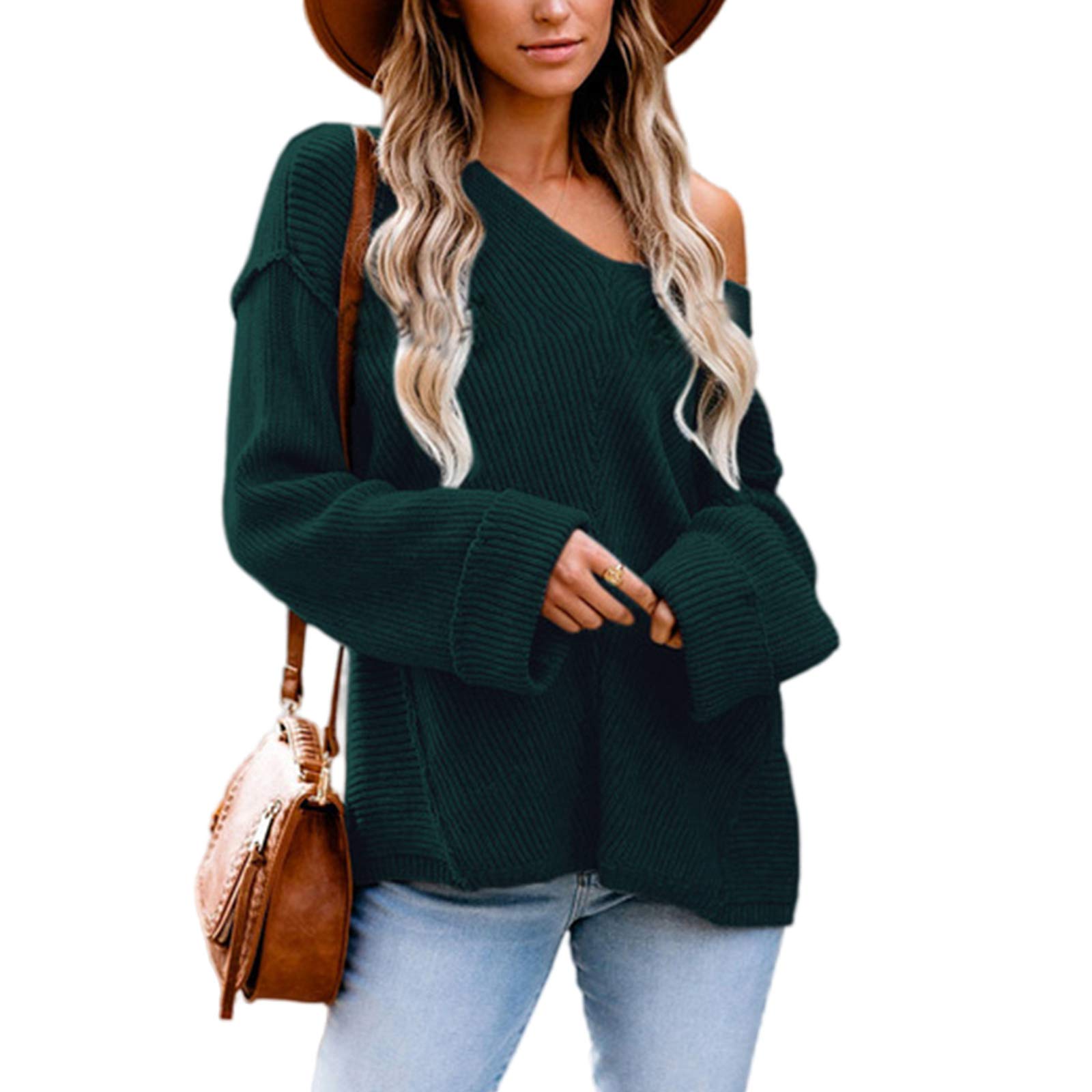 Women's V Neck Long Sleeve Waffle Knit Sweater - Off Shoulder Pullover Top for Fall & Winter - Casual Outfit, Date Night, Office Wear