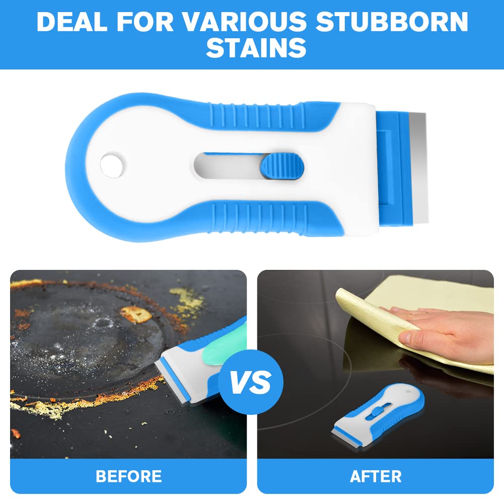 Premium Stainless Steel Razor Blade Scraper - 20PCS Replacement Blades Included - Multi-Purpose Cleaning Tool for Stickers, Labels, Caulk & Paint Removal - Ideal for Glass Cooktops, Windows & DIY Projects (Grey & Blue)