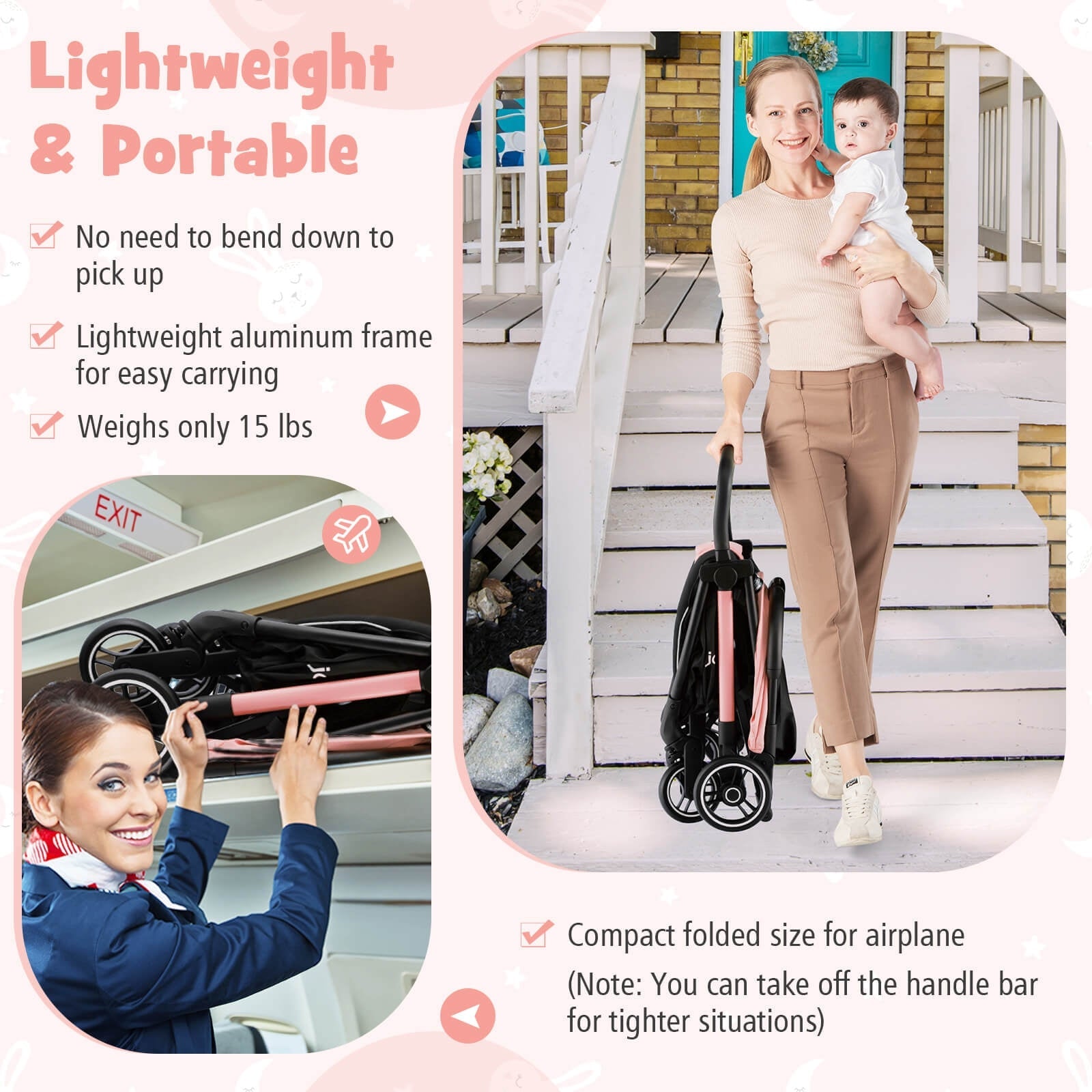 Lightweight One-Hand Folding Portable Baby Stroller with Aluminum Frame - Pink | Perfect for Travel, Shopping & Everyday Use