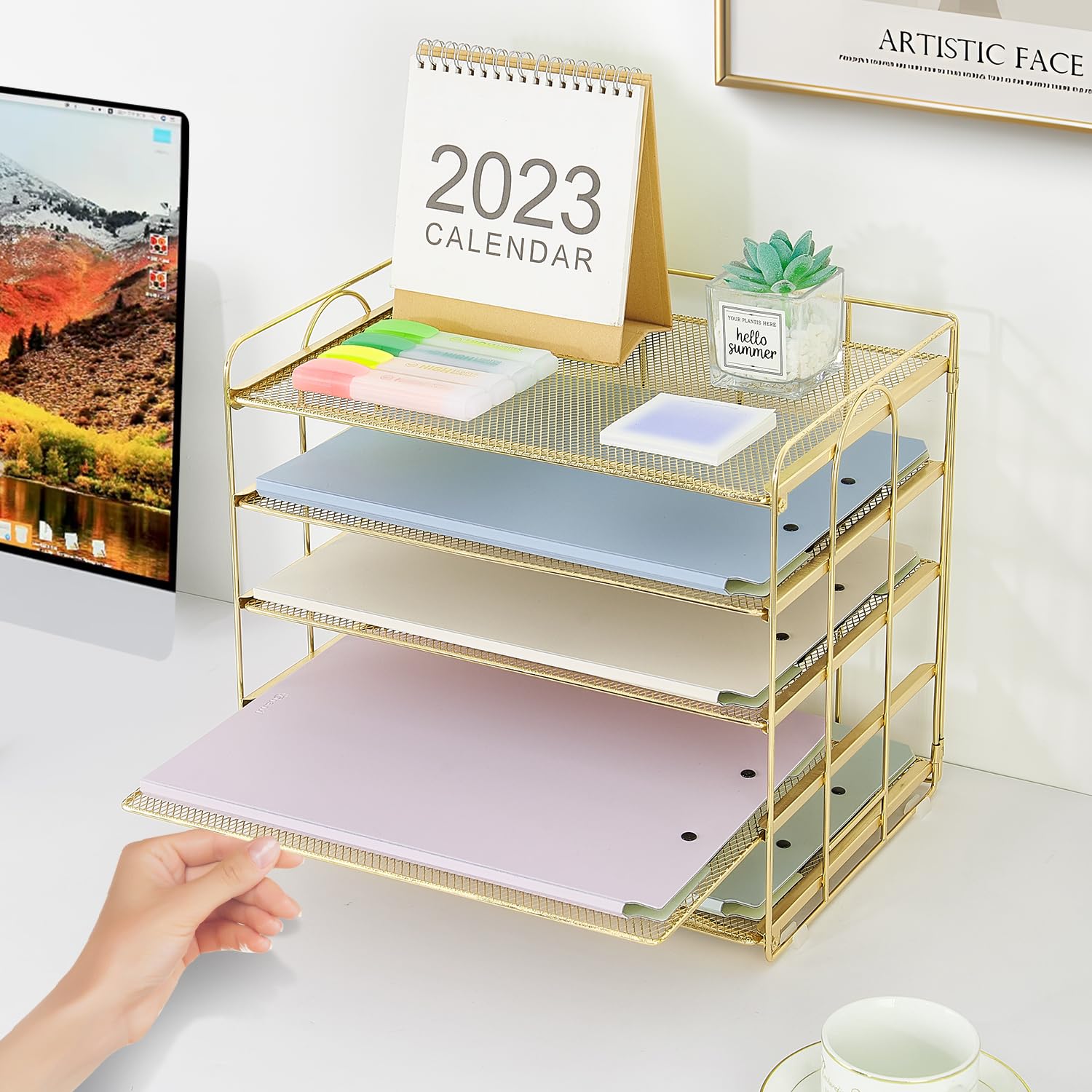5 Tier Mesh Paper Letter Tray Organizer - Gold Office Desk Organizer for Files, Documents & Mail | Perfect for Home Office, School & Workspace Organization