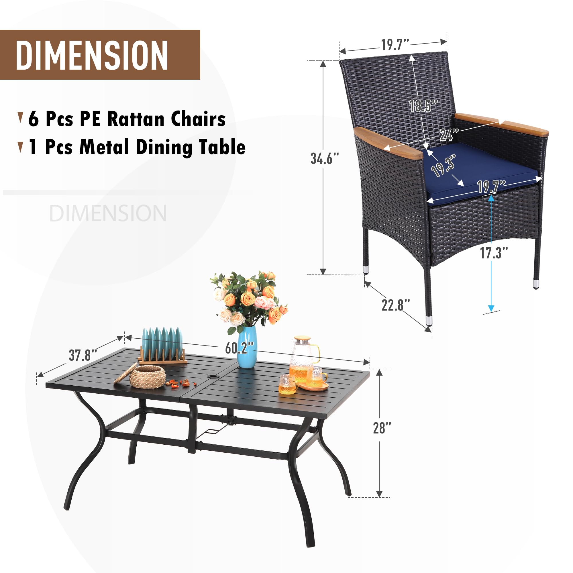 7-Piece All-Weather Patio Dining Set with Rectangular Table & Rattan Chairs - Outdoor Furniture for 6 People with Adjustable Umbrella Hole (1.6