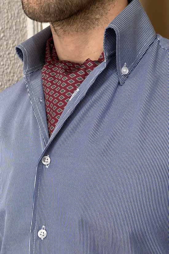 Slim Fit Italian Button-Down Collar Striped 100% Cotton Navy Blue Men's Dress Shirt | Business Casual & Office Wear
