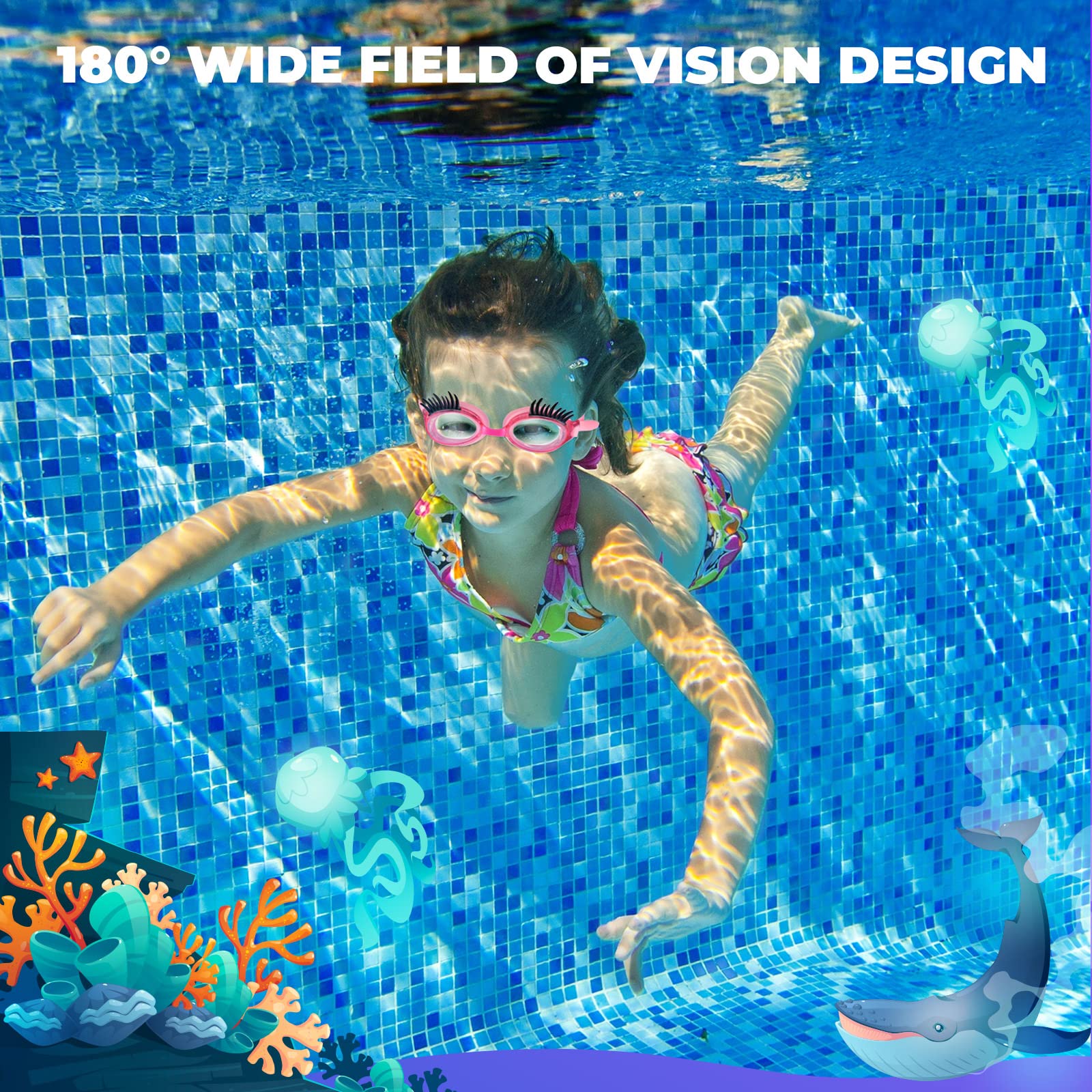 Konohan 2 Pack Kids Swim Goggles with Eyelashes - No Slip Leak Proof, Anti Fog & UV Protection for Girls - Perfect for Swimming, Lash Extensions & Water Activities