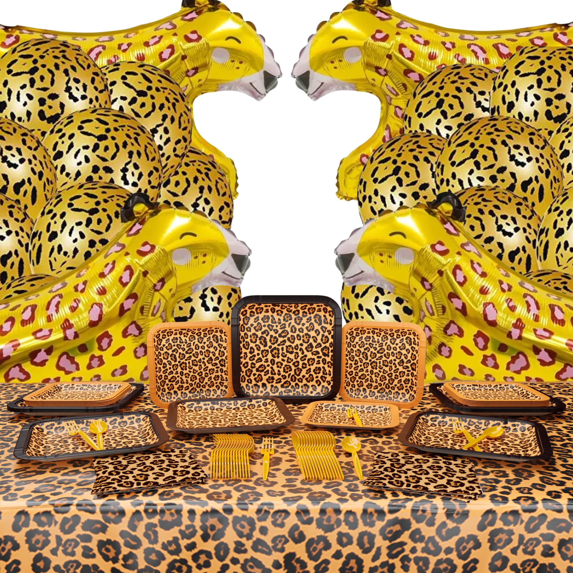 Leopard Print Party Supplies Pack (127 Pieces for 16 Guests) - Cheetah Themed Party Decorations, Animal Print Plates & Napkins | Perfect for Birthday Celebrations, Baby Showers & Jungle Theme Parties