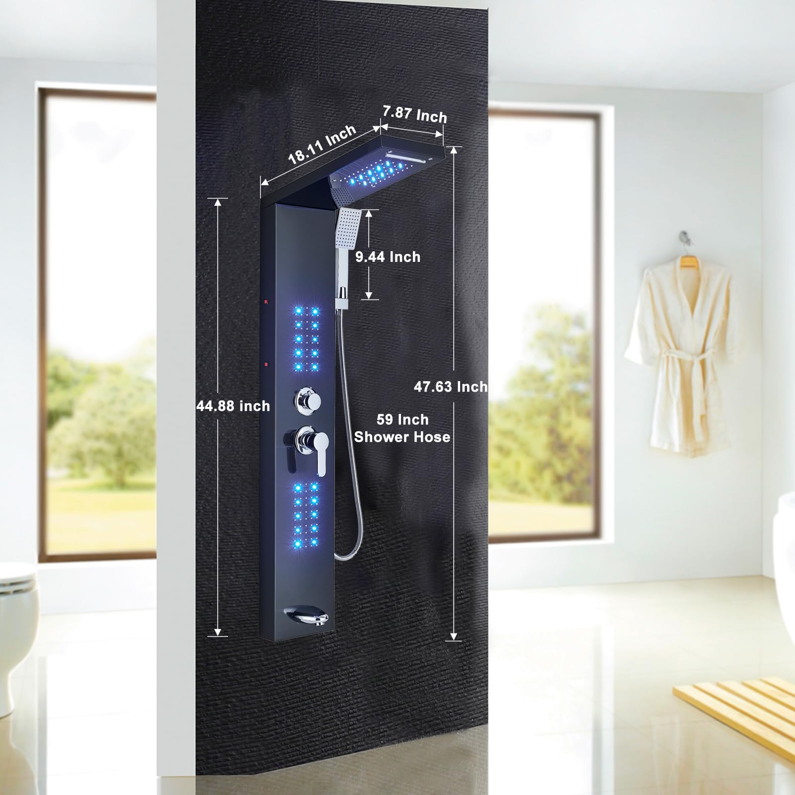Modern Black LED Rainfall Shower Panel Tower with Waterfall Shower Head - Stainless Steel Wall Mounted Full Body Shower System for Spa-Like Bathroom Experience | Perfect for Master Bathrooms, Luxury Showers & Contemporary Home Upgrades