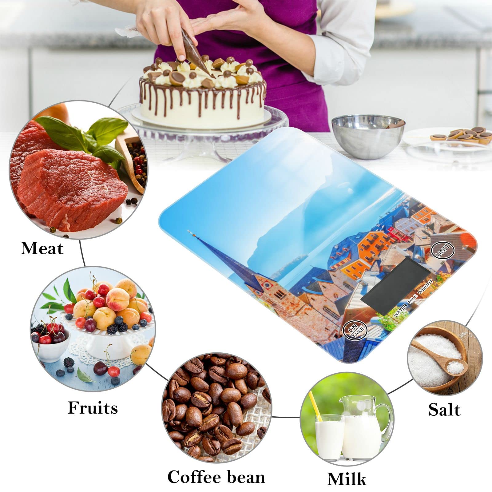 **Waterproof Digital Kitchen Scale - Ounces & Grams for Cooking, Baking, Weight Loss | Hallstatt-Inspired Historical Design | Perfect for Home, Restaurant & Meal Prep**
