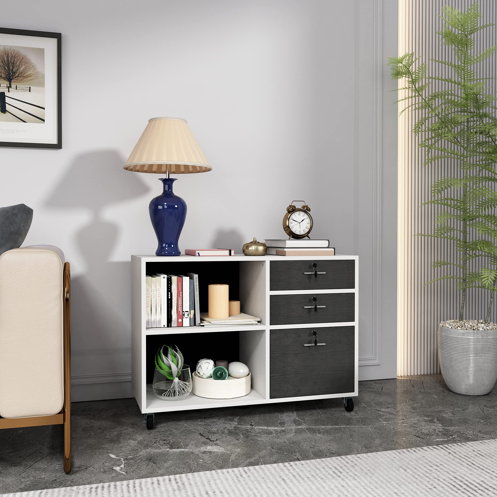 YITAHOME 3-Drawer Wood File Cabinet with Wheels, Mobile Lateral Storage Cabinet & Printer Stand - 35
