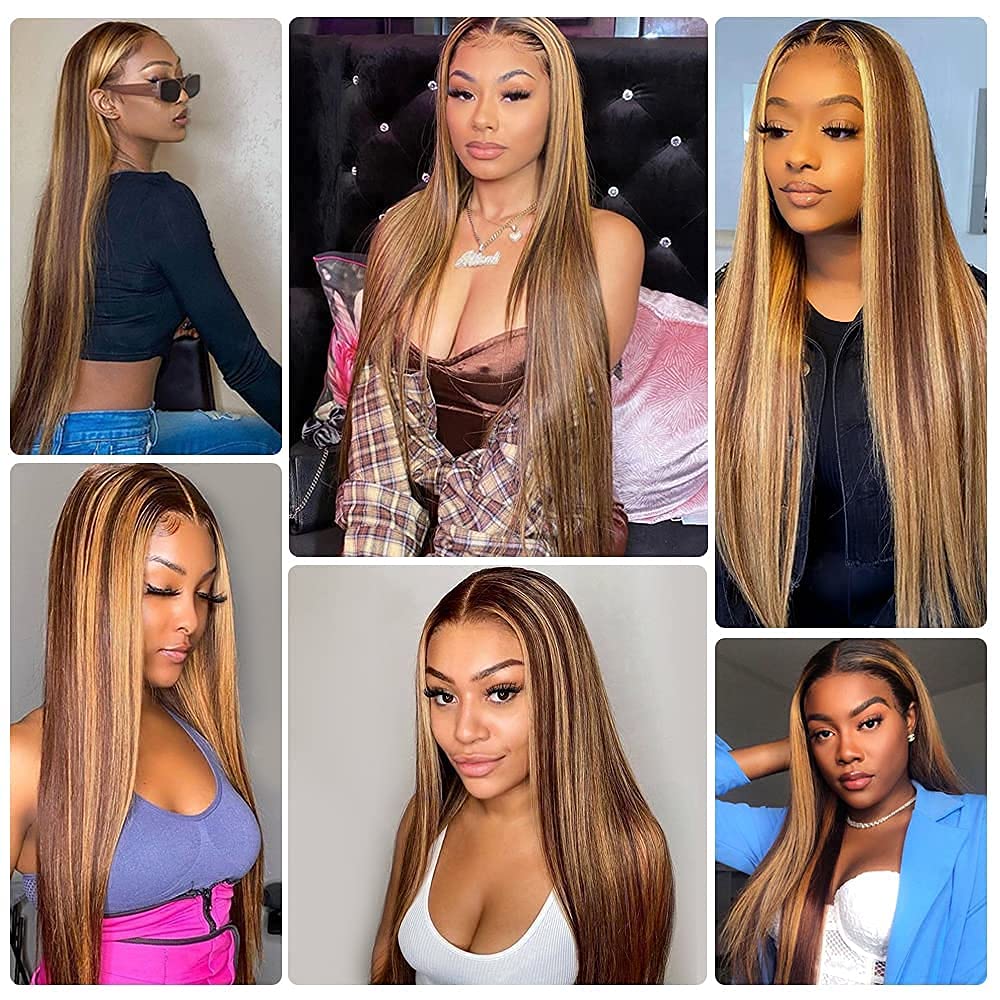 26 Inch HD Lace Front Wigs - Brazilian Virgin Human Hair Pre Plucked Straight Ombre Brown to Honey Blonde - 150% Density Glueless Wig for Daily Wear, Cosplay & Special Occasions