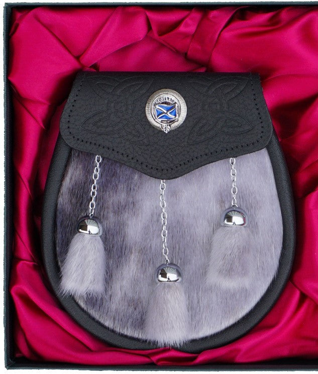 Clan Crest Semi Dress Sporran - Premium Grey Seal Skin for Scottish Highland Wear (Surnames A-L) | Perfect for Weddings, Ceilidhs & Formal Events