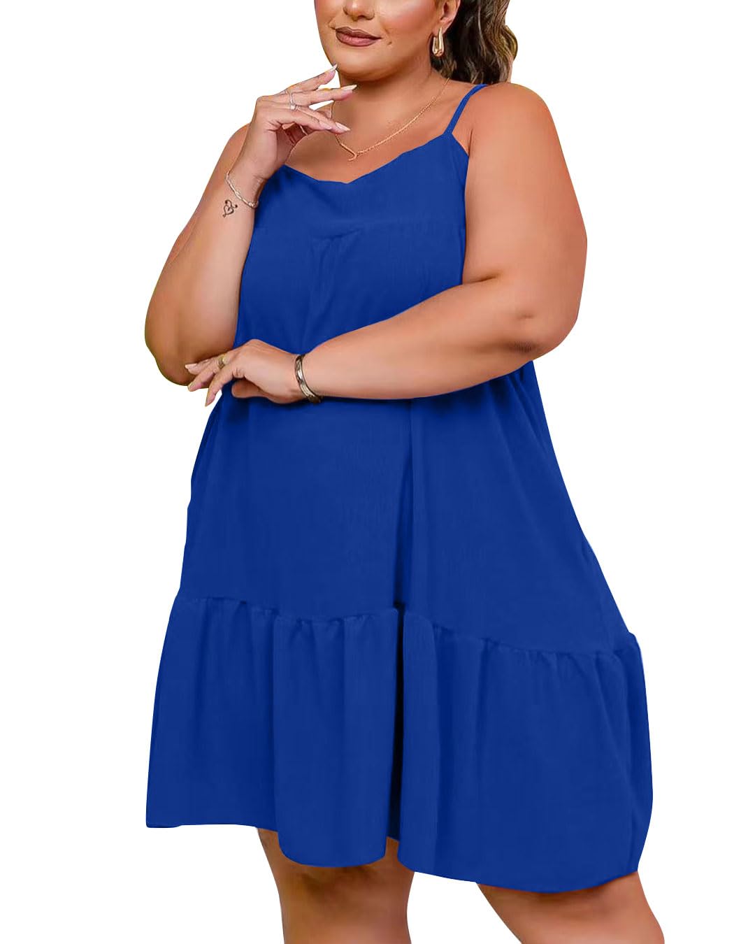 Plus Size Women's Summer Sleeveless Maxi Dress with Tie Shoulder & Ruffle Hem - Flowy Tiered Beach Dress for Vacation, Pool Party & Casual Outings