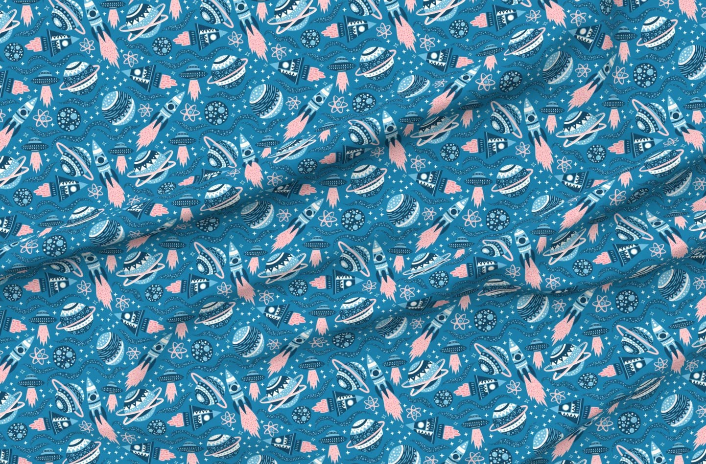Planets Space Blue Pink Stars Retro Atomic Printed Cotton Poplin Fabric by The Yard - Perfect for Sewing, Quilting, Dresses & DIY Crafts - Home Decor, Apparel & Gift Making