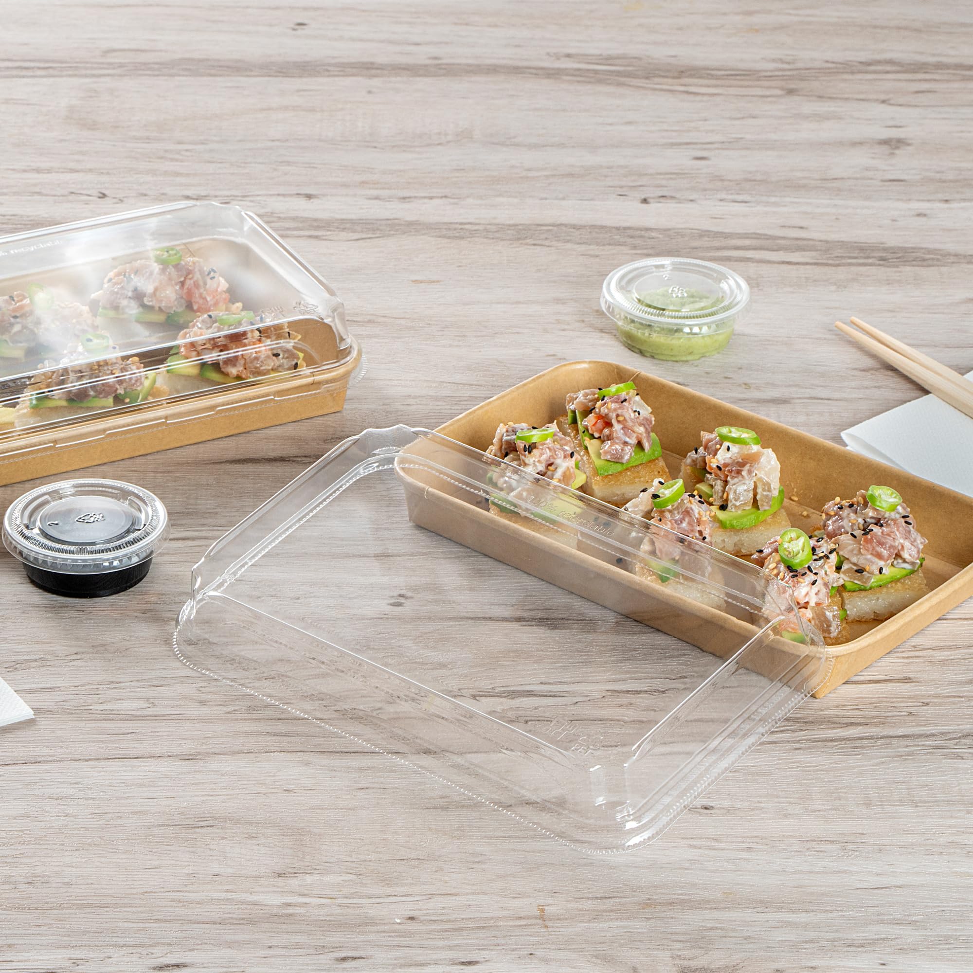 Matsuri Vision 8.8 x 5.5 x 1.2 Inch Clear Plastic Dome Lids for Sushi Containers - 50 Pack Airtight No-Fog Lids (Containers Sold Separately) - Perfect for Sushi Restaurants, Catering & Takeout Boxes