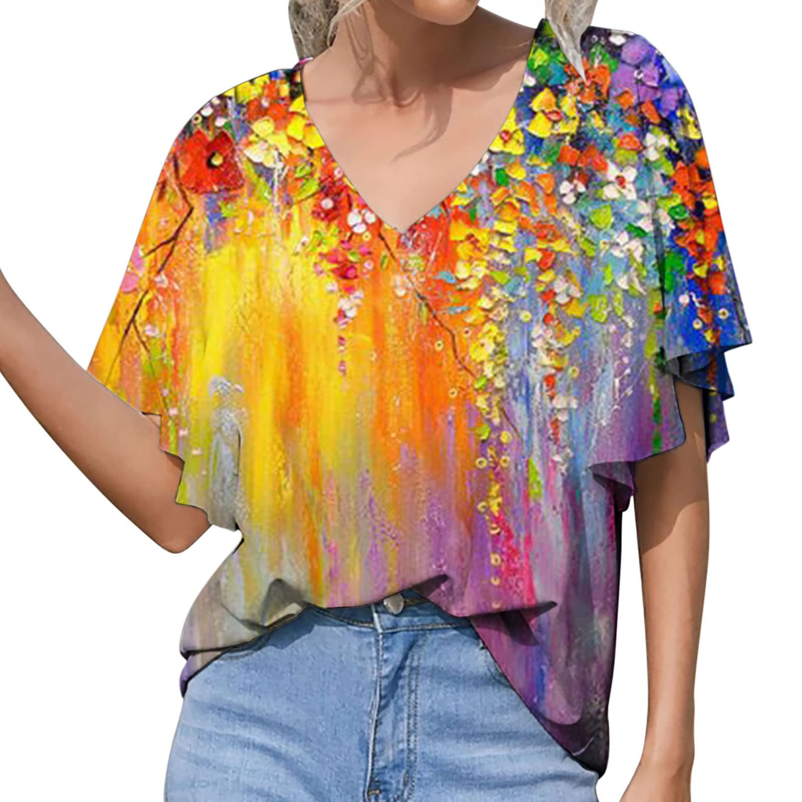 Women's Casual Summer T-Shirt - Flowy V-Neck Short Sleeve Blouse with Fashion Print | Perfect for Office Wear, Weekend Outings & Vacation Outfits