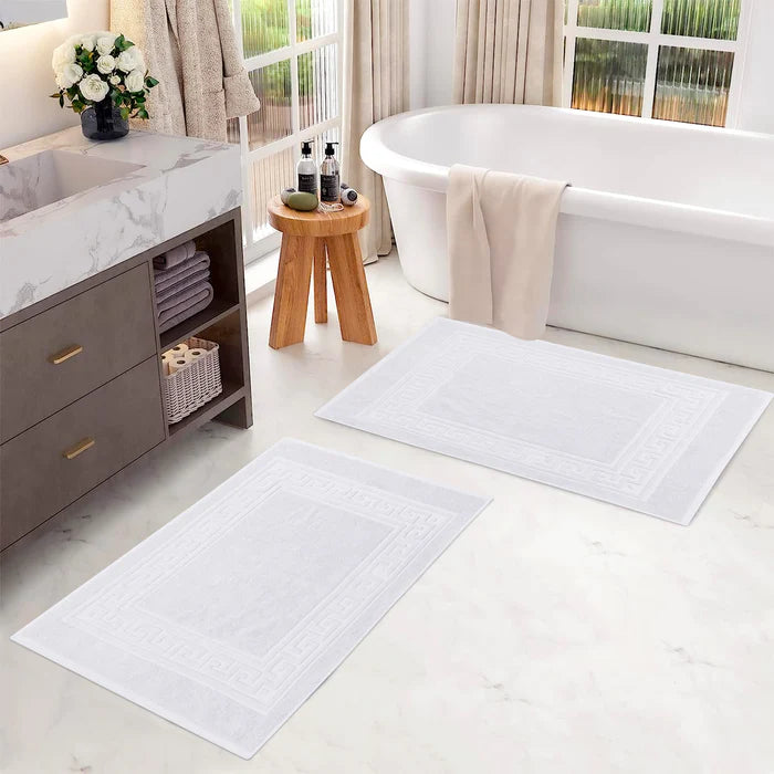 Premium Cotton 2-Piece Greek Key Border Bath Mat Set - Ultra Absorbent, Non-Slip Bathroom Rug - Perfect for Modern Bathrooms, Master Suites & Spa-Like Retreats